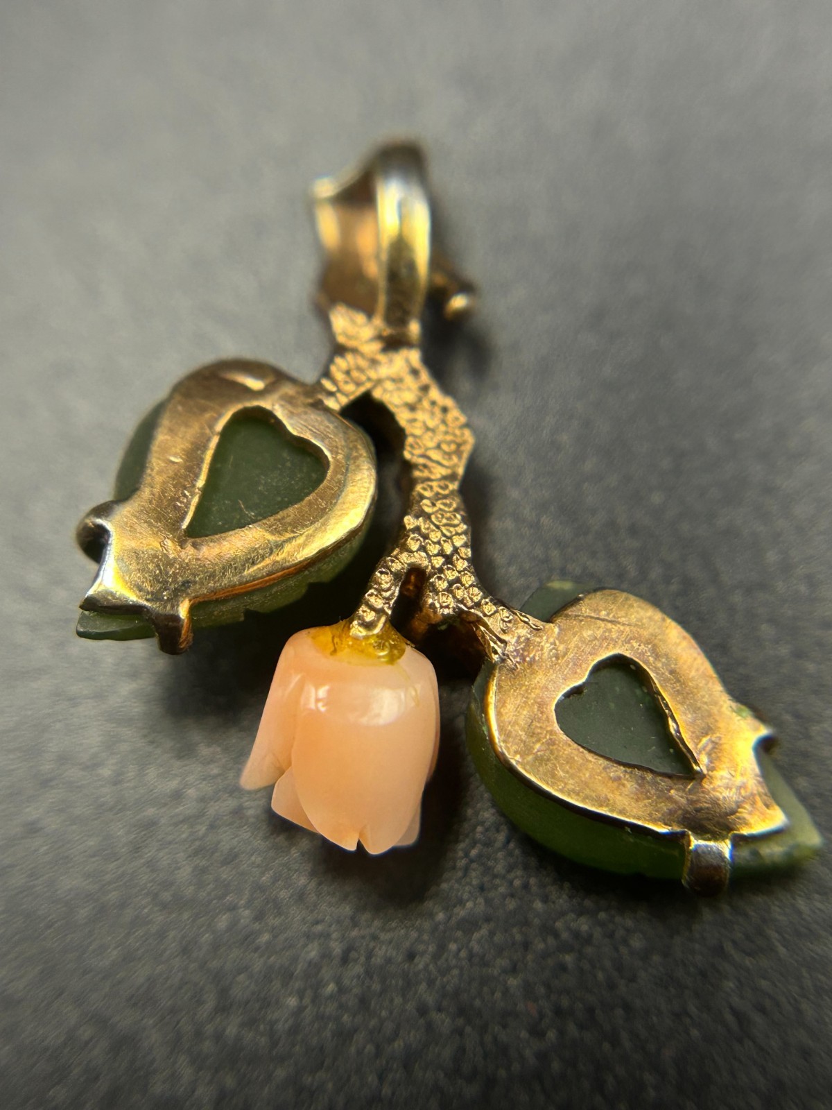 Vintage Japanese Carved Coral Rose Pendant Green Jade Leaves Gold Tone Charm