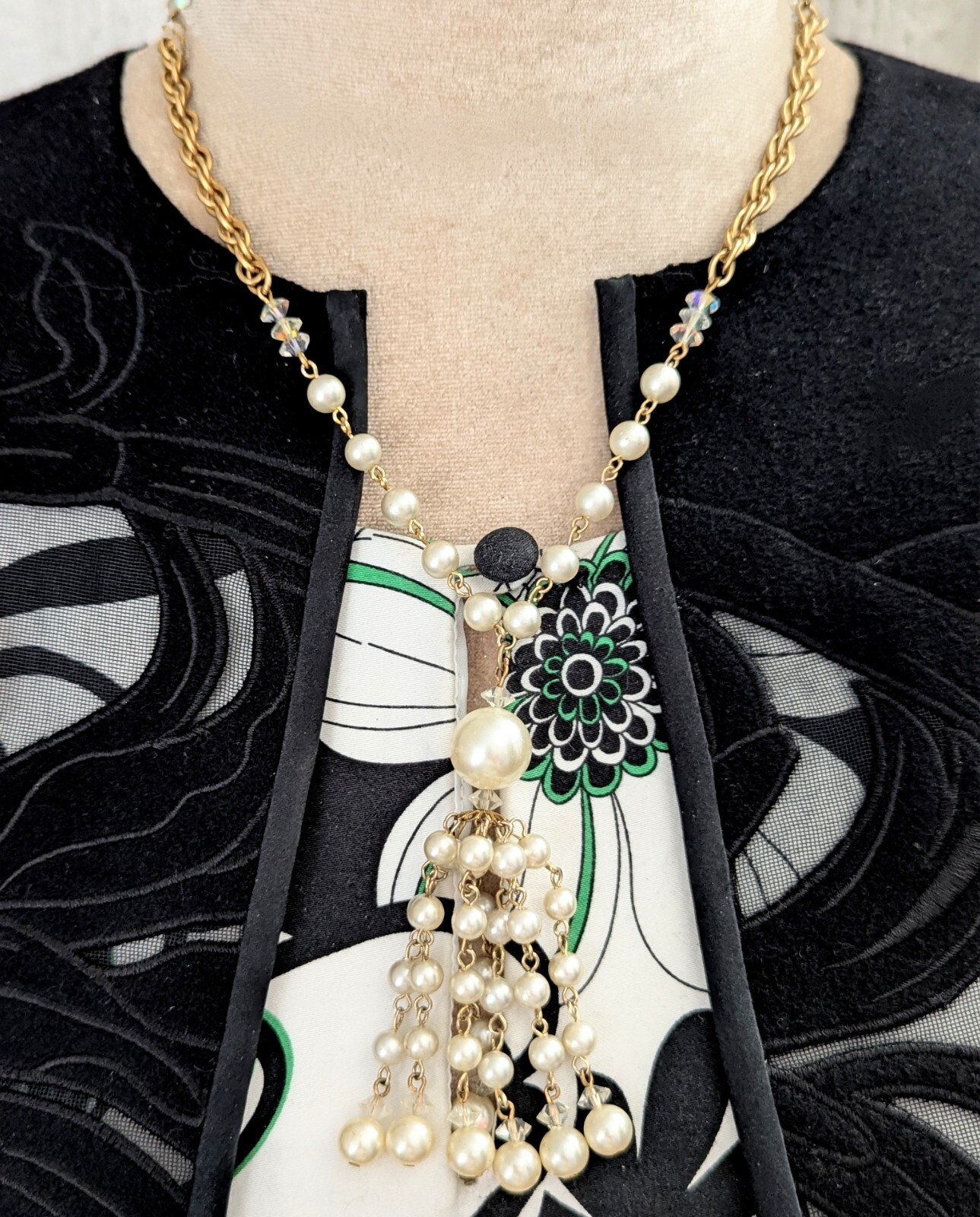 Tassel Fringe Pendant Necklace Faux Pearl Vintage Layered Art Deco Style Jewelry