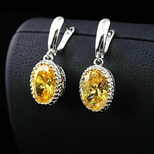 Oval Cut Citrine & Lab Created Diamond Wedding 14Ct White Gold Finish Earrings