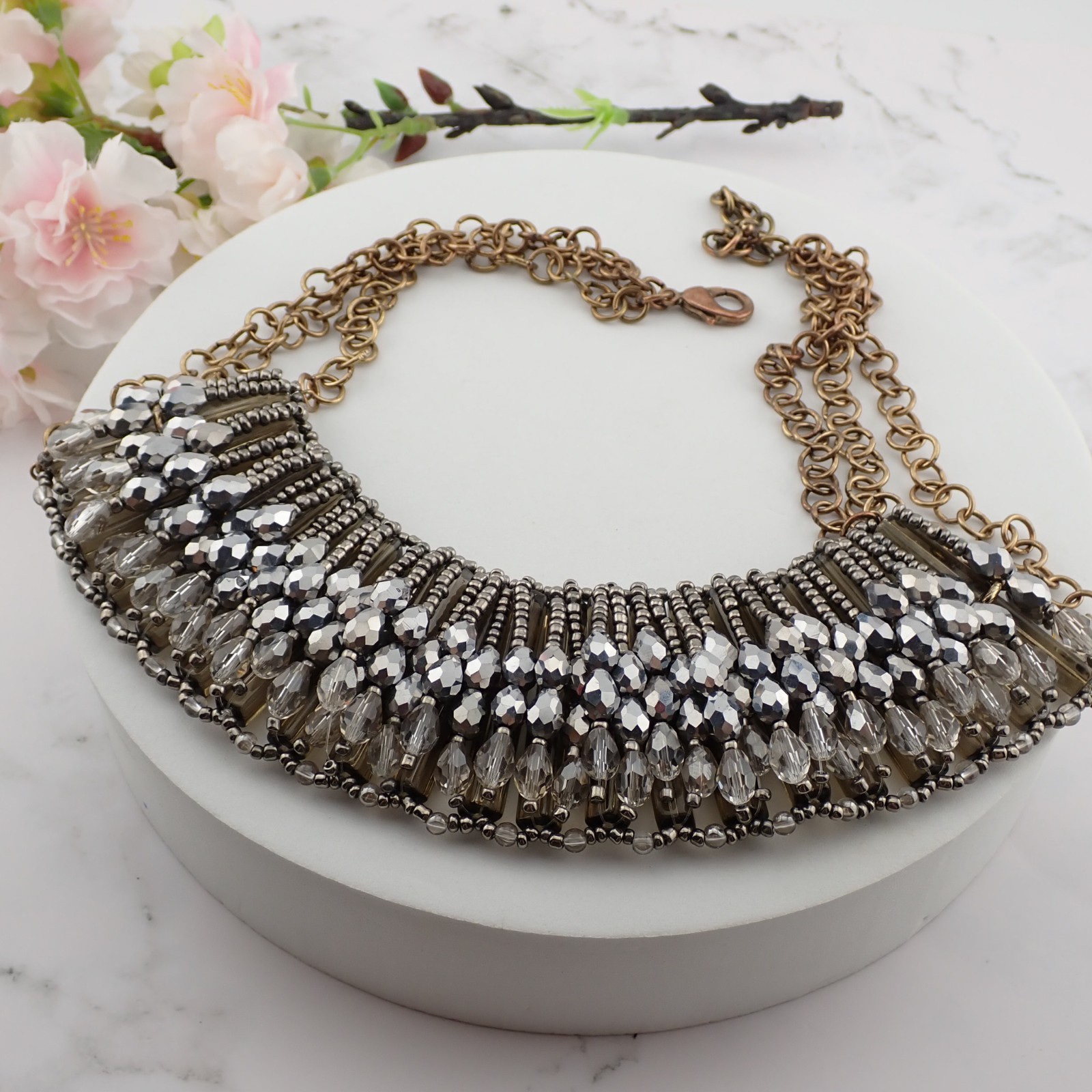 VTG 1 3/4″ Wide Crystal Seed Bead Tubular Bib Reversible Copper Tone 18″ Necklac