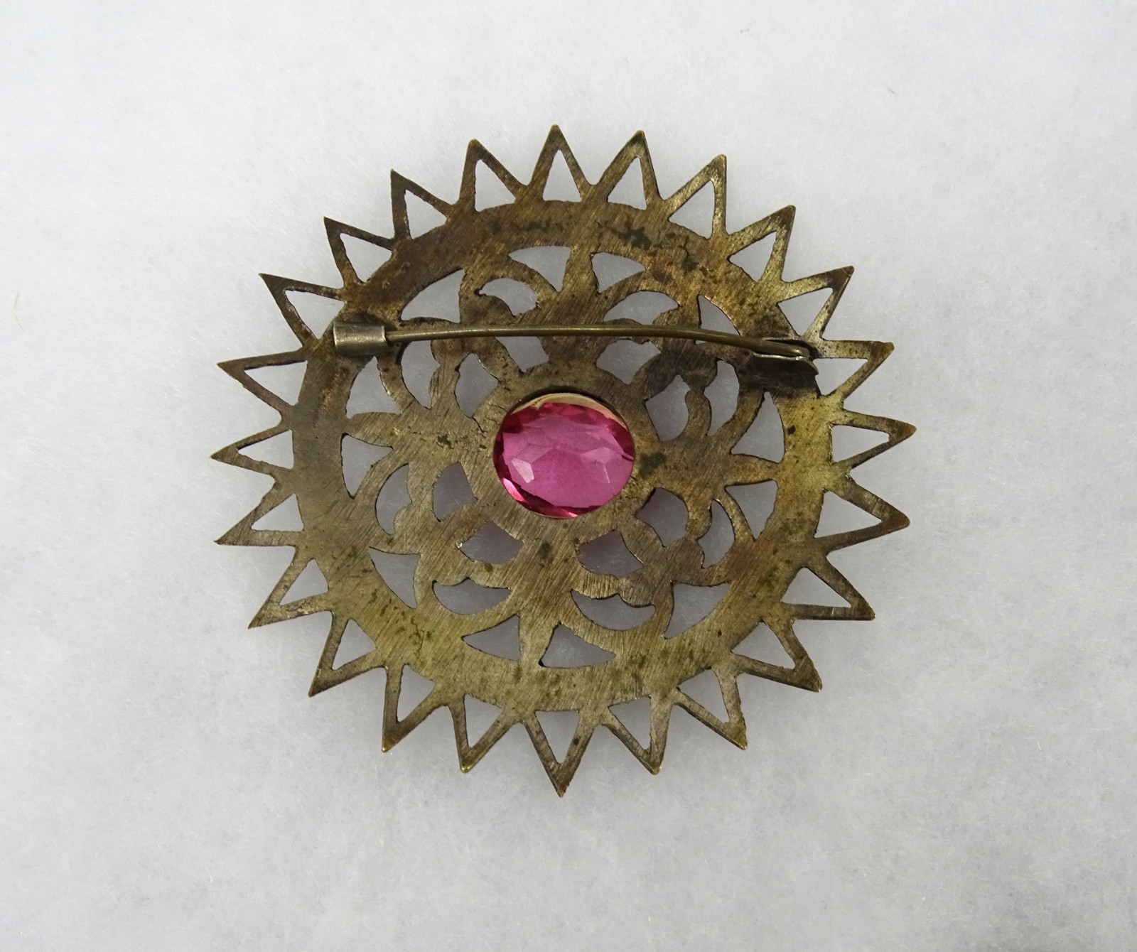 Antique Large Round Brass Sunburst Brooch, Oval Pink Stone, C-clasp