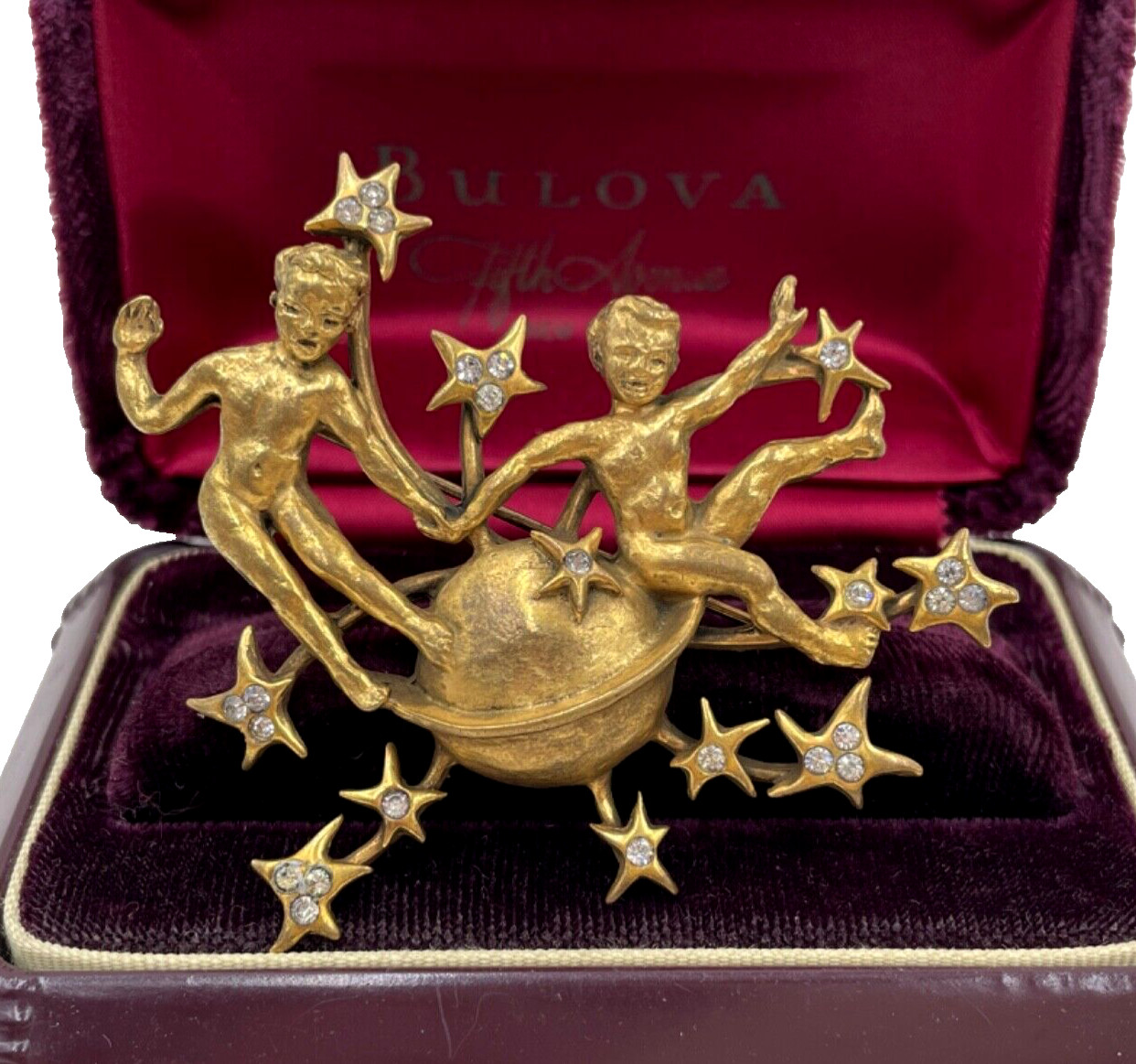 VALE STEVENS SIGNED ZODIAC SIGNS TWINS GEMINI MAY-JUN 21 GORG GOLD TN LRG BROOCH
