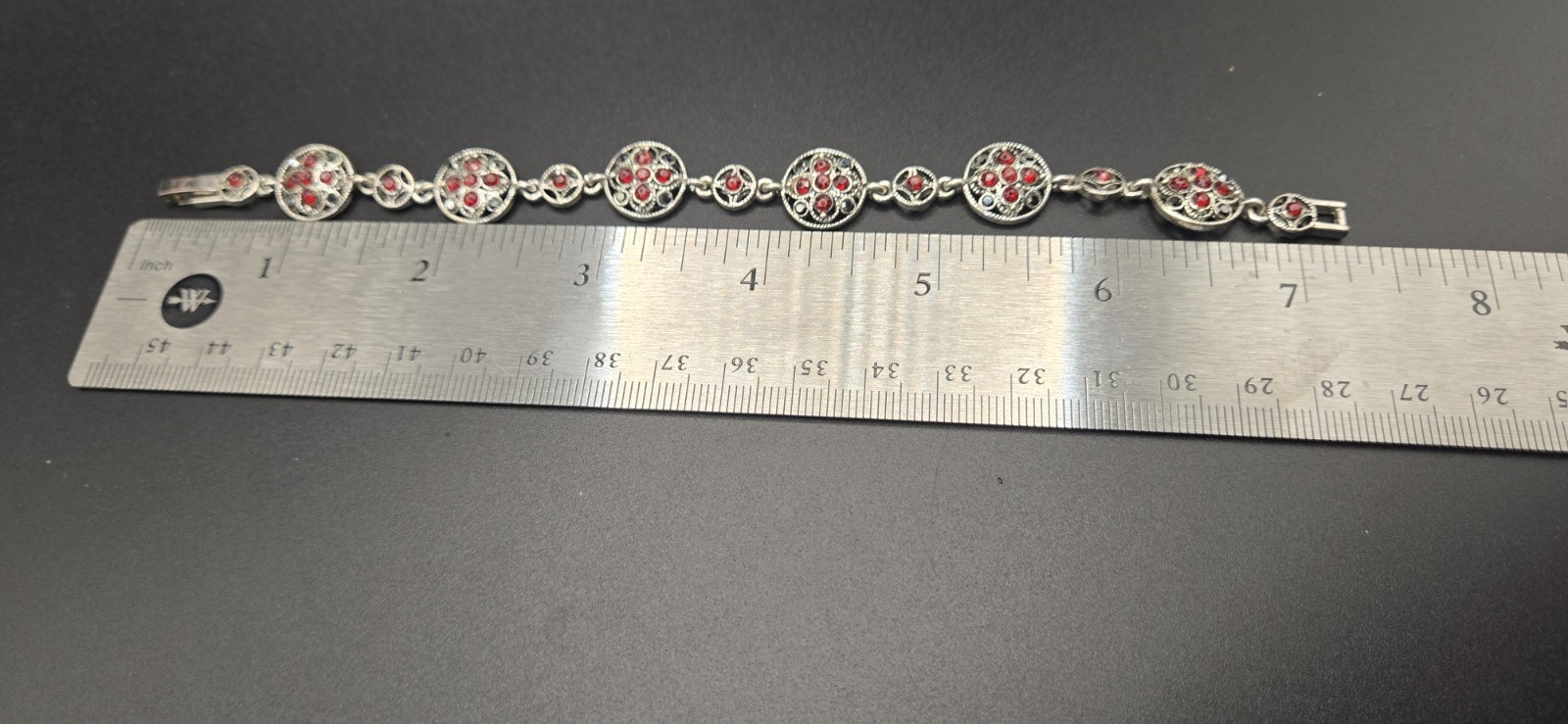 Vintage Monet Silver Tone Bracelet With Red & Black Stones 7 1/4″