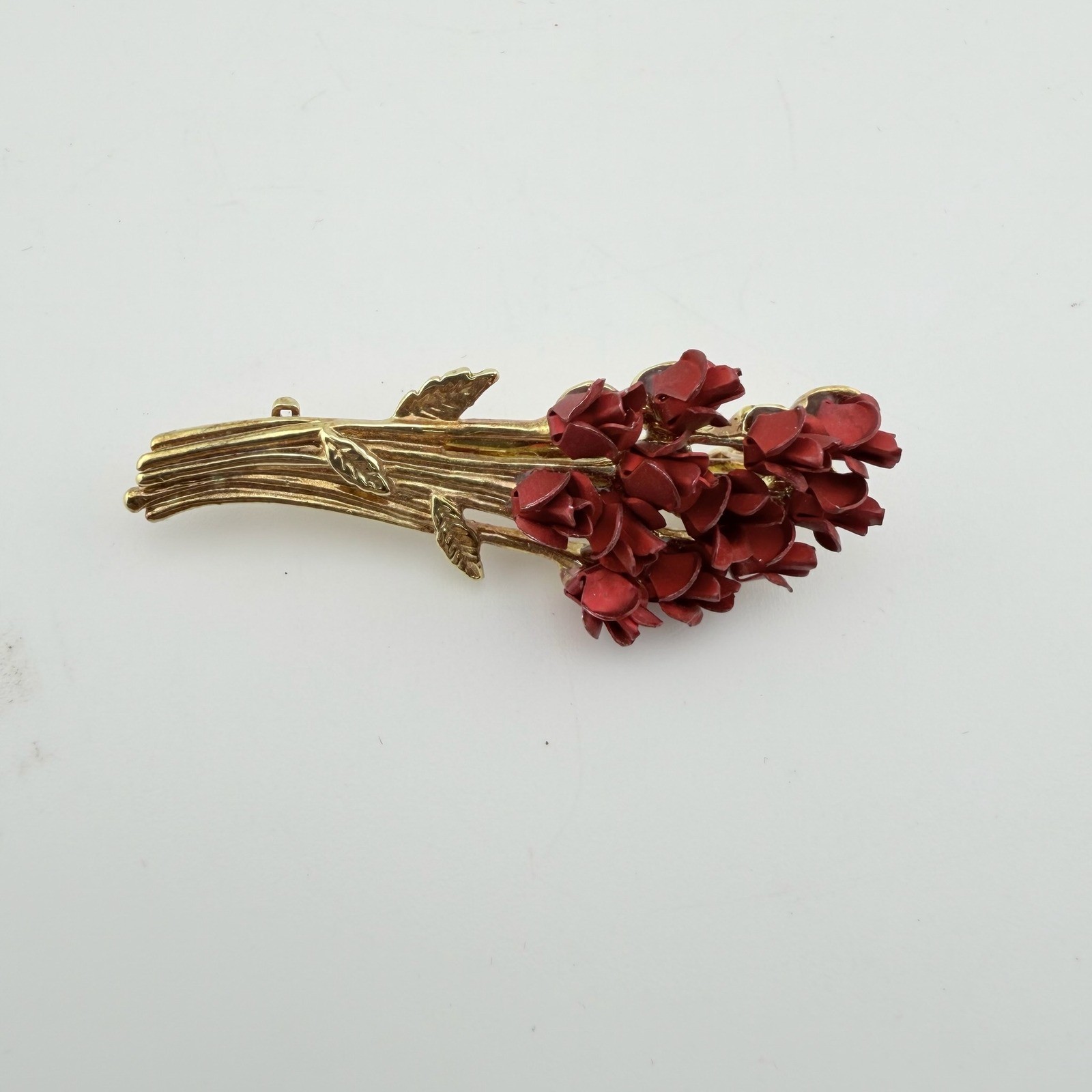 Vintage Red Rose Bouquet Brooch Gold Tone Enamel Floral Pin Excellent M Mark