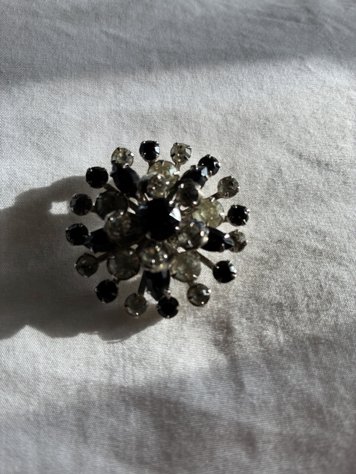 Vintage Silver and Black & Clear Rhinestone Clip-On Earrings & Brooch Set