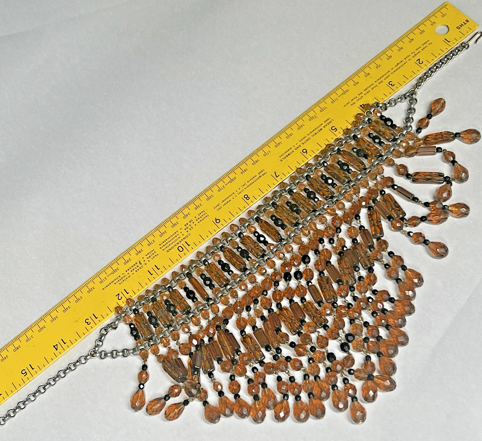 Vintage Amber Glass Beaded Choker Fringe Statement Necklace Collar Bib 15″-18”