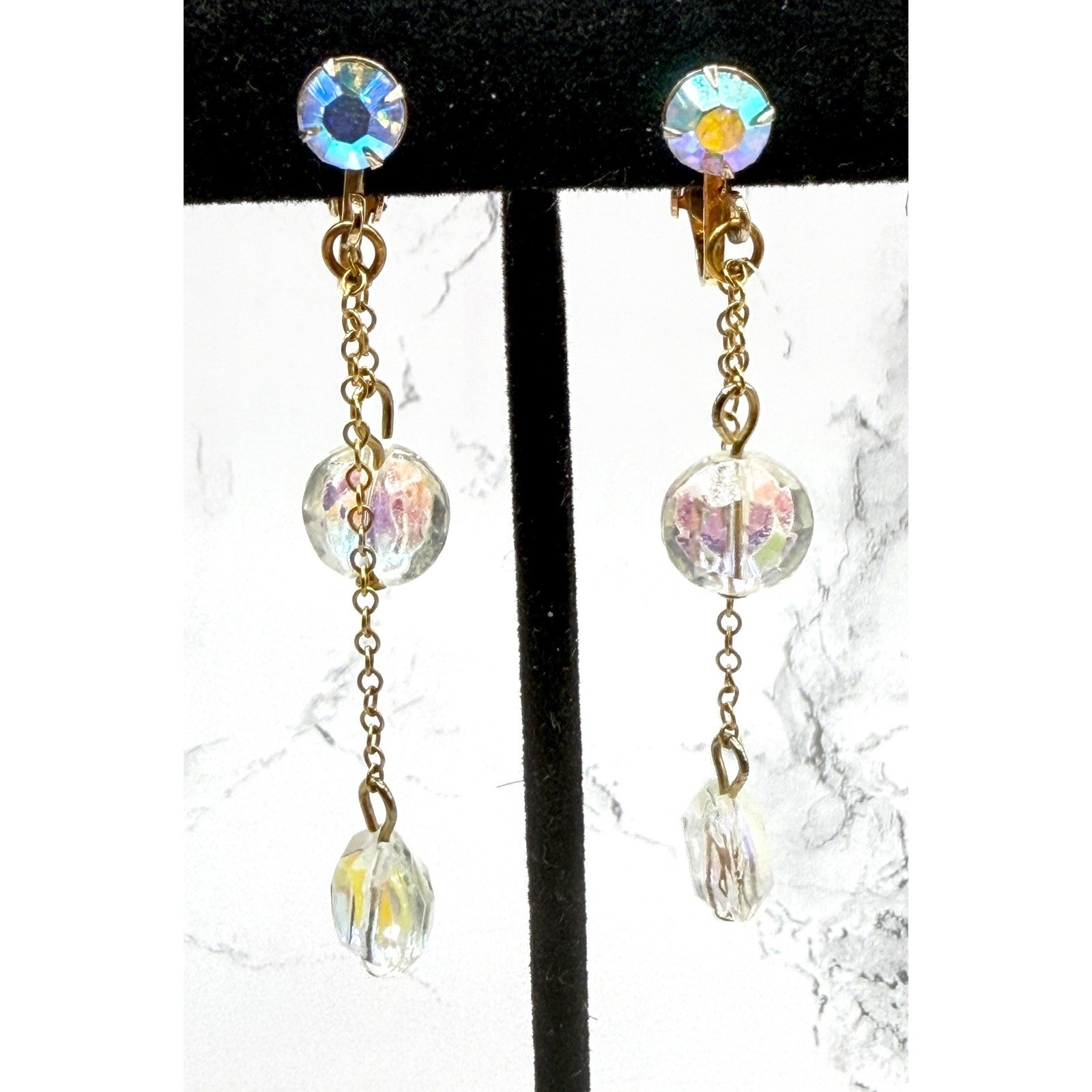 Vintage Gold Tone AB Crystal Adjustable Dangle Clip On Earrings
