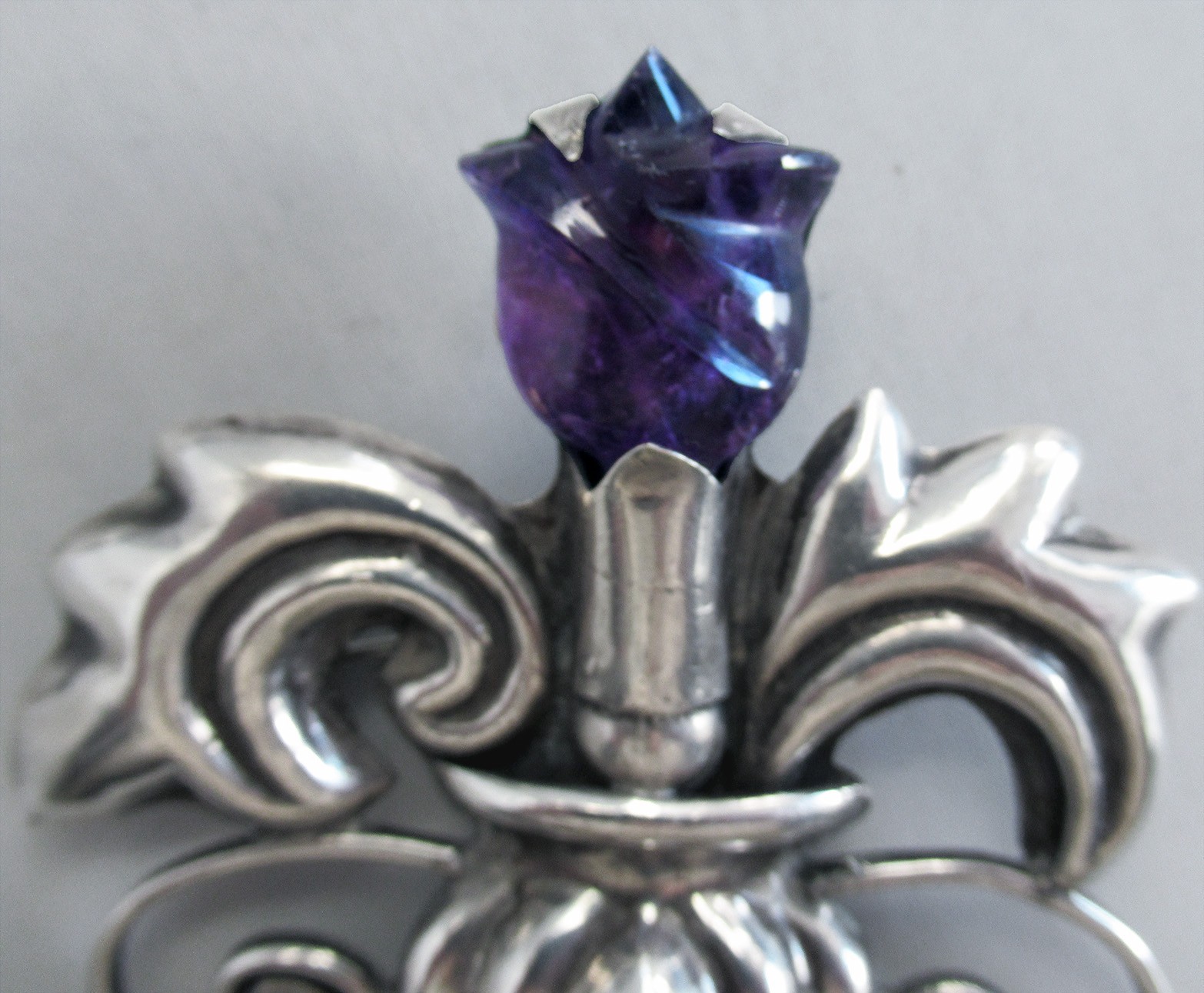 SPRATLING ERA STERLING BROOCH w AMETHYST FLOWER, 2 3/8 INCHES