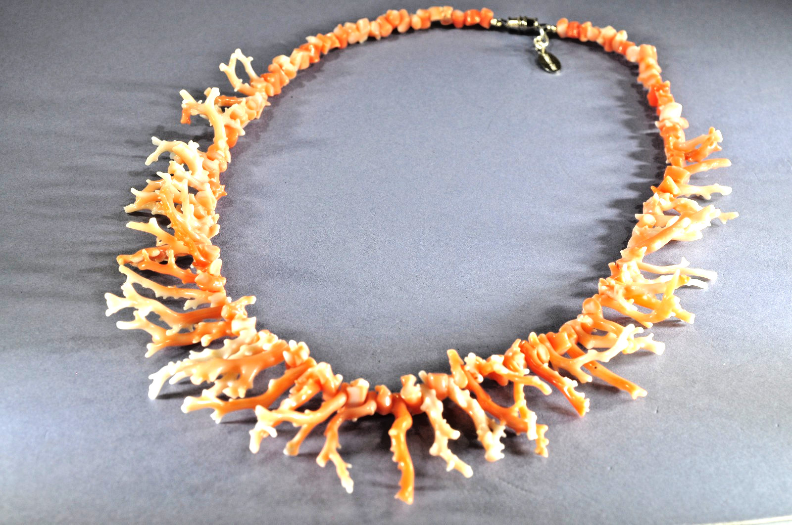 Coral Necklace White & Salmon Graduated Branch Coral 21 Inches Signed
