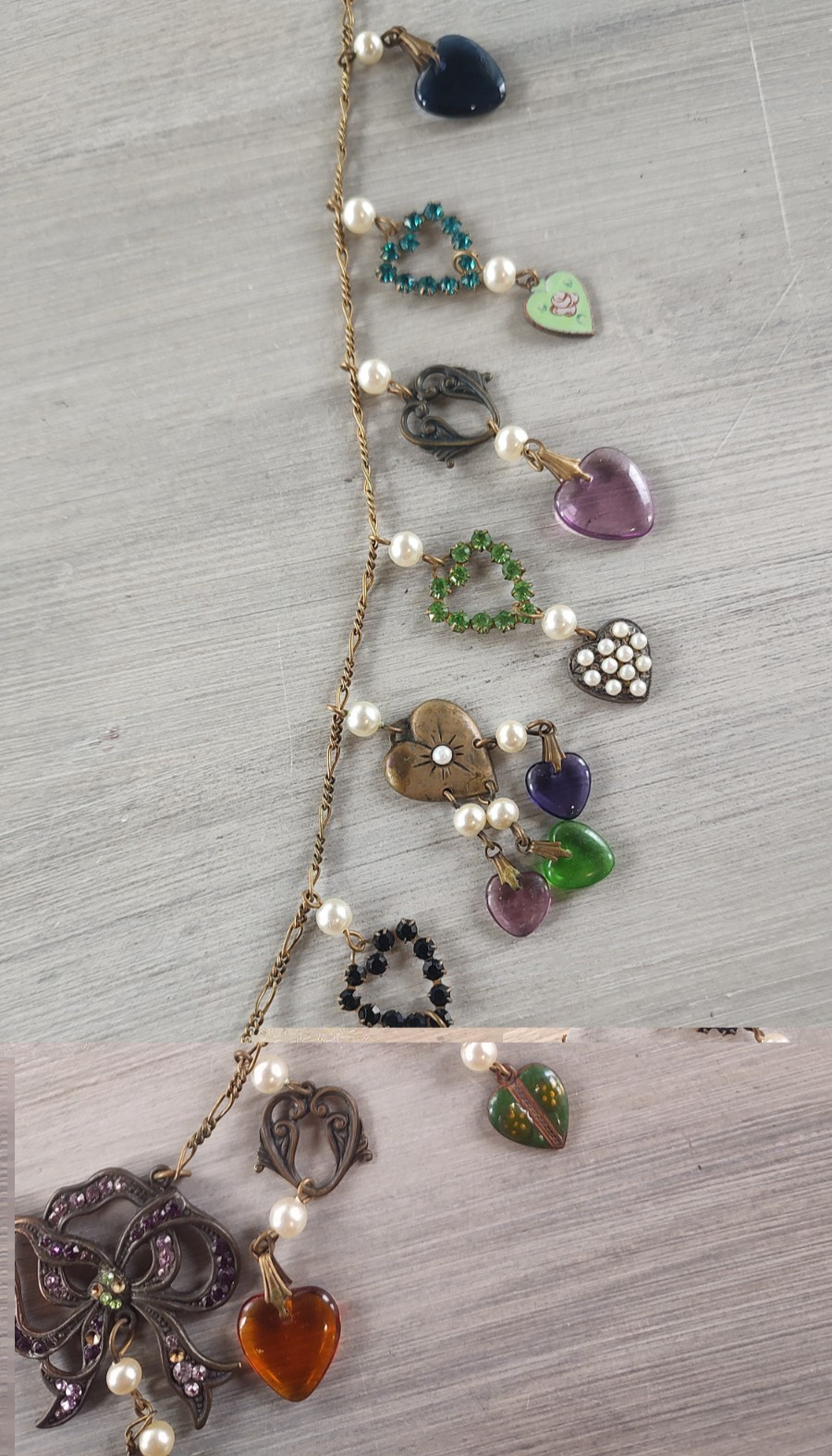 VTG GLASS WORKS STUDIO 30″ Enamel Rhinestone Crystal Heart Necklace w/15 Dangles