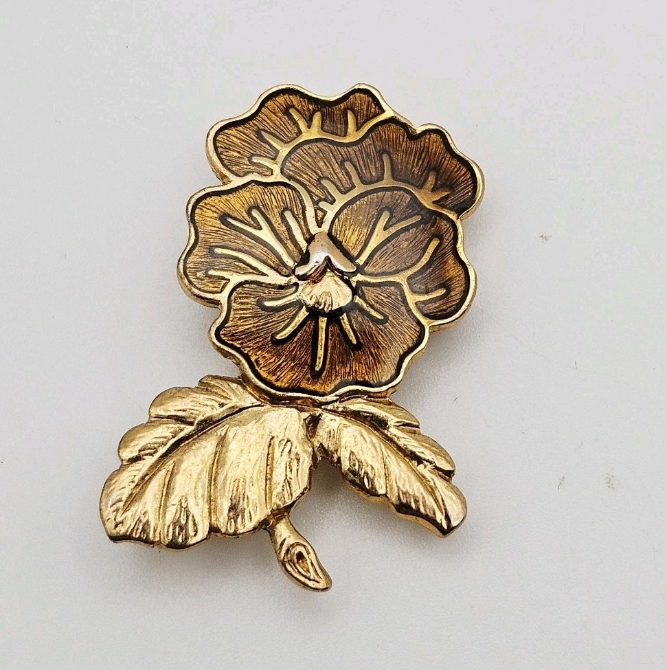 Vintage Amber Orange Enamel Pansy Flowers Gold Tone Leaves Brooch Pin Pendant