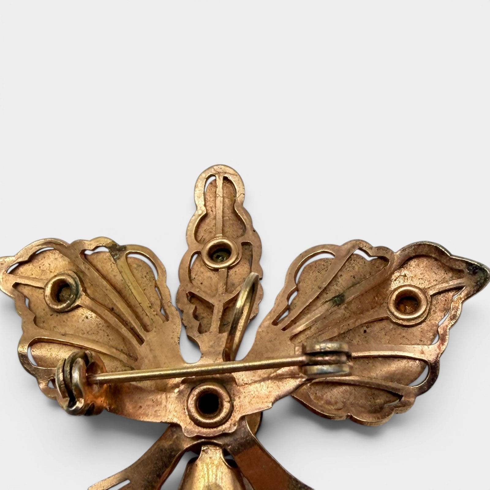 Vintage Orchid Flower Brooch Pendant Purple Rhinestones Gold Tone Floral Pin 2″