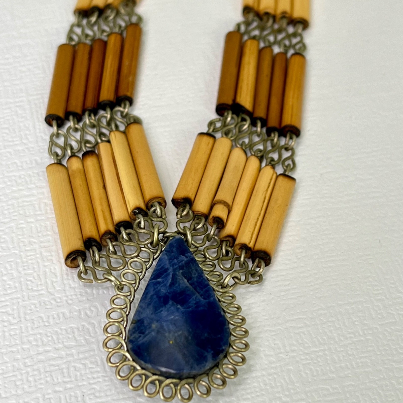 Vintage Boho Necklace Blue Stone Pendant Bamboo Bead Bib Statement 16”