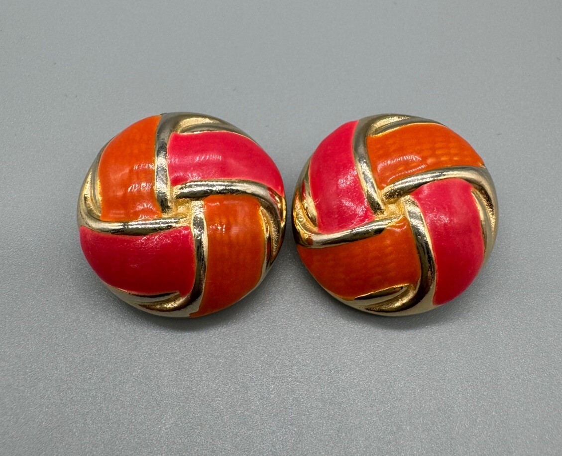 Vintage Gay Boyer Intervene Red Orange Enameled Gold Tone Clip On Round Earrings