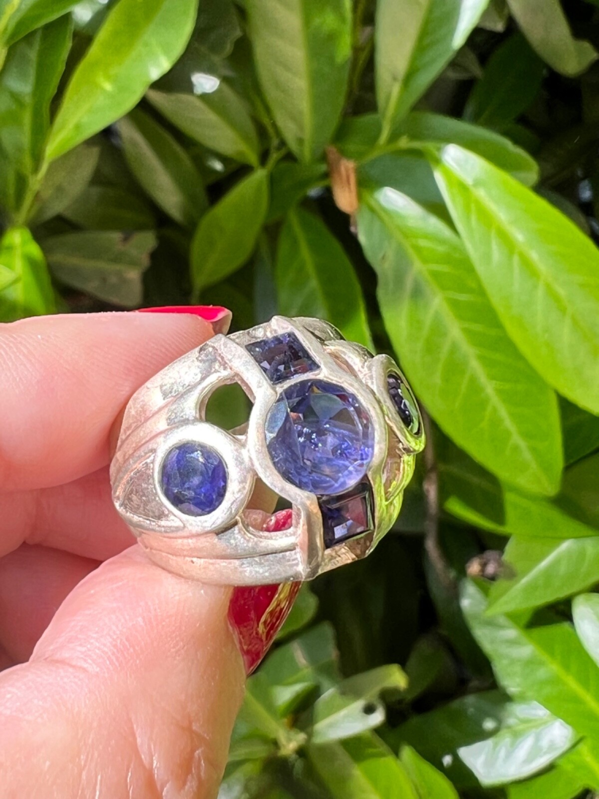 VINTAGE TANZANITE & IOLITE WIDE BAND RING 925 STERLING SLVER UNIQUE HEAVY CHUNKY