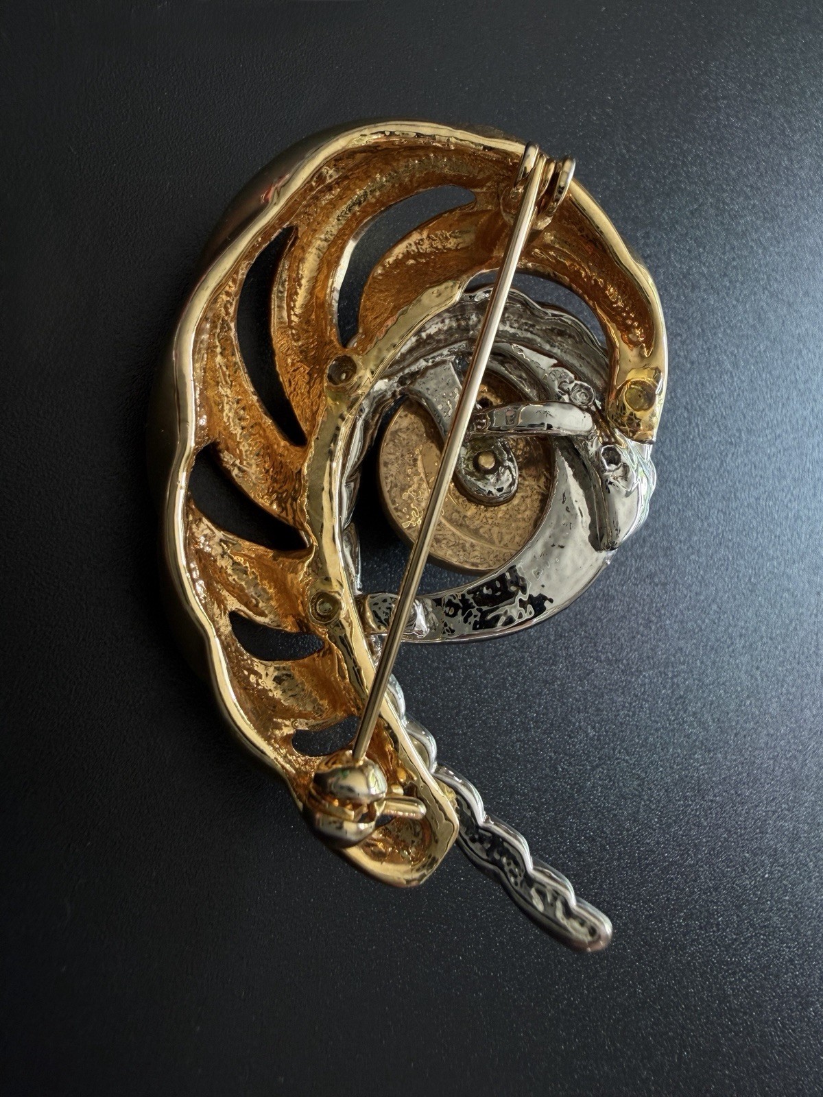 Peacock Faux Mabe Pearl Brooch Two Tone Gold Silver Swirl Ribbon Statement