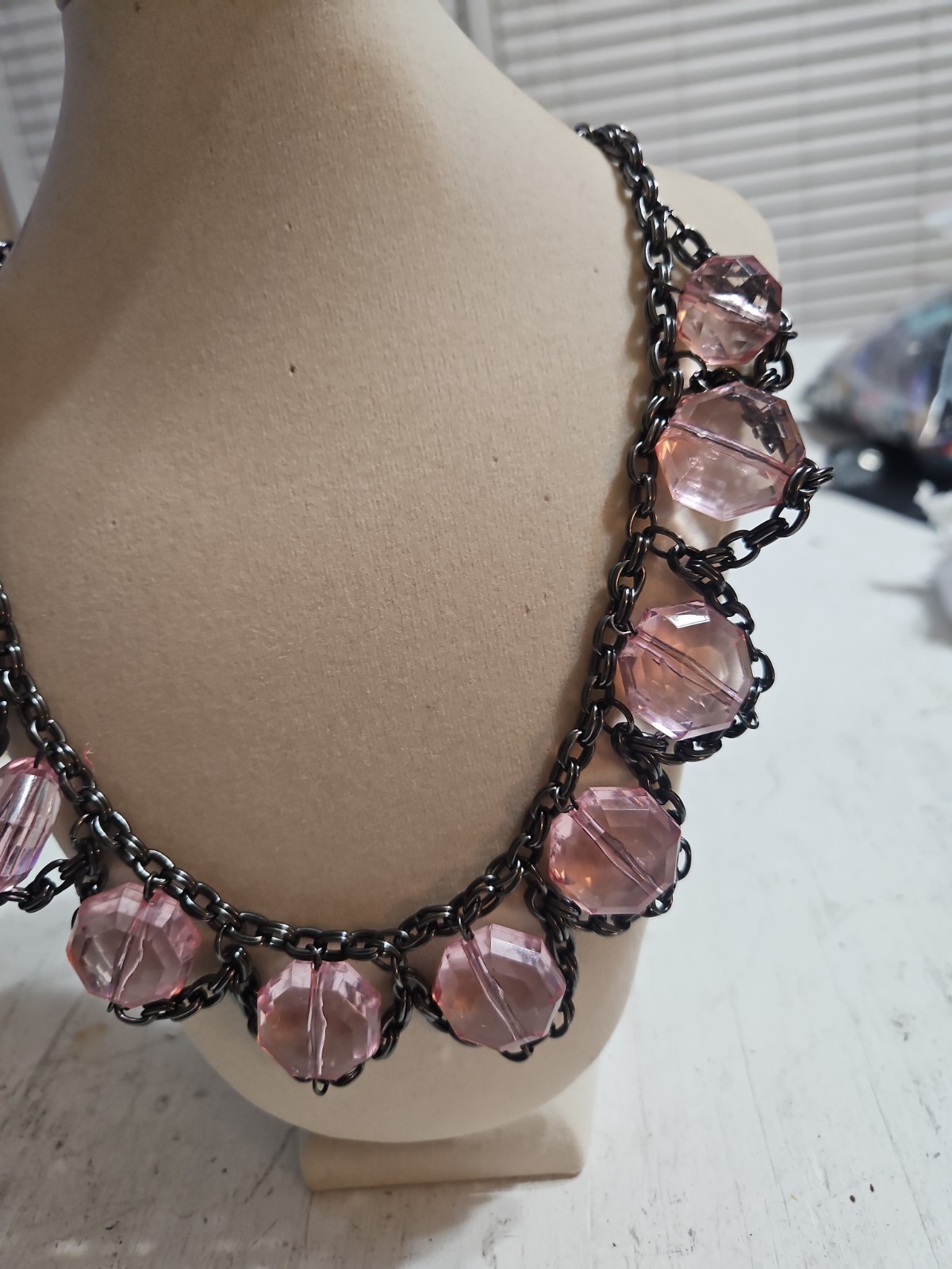 Vintage Beaded Necklace 18” Boho Pink, Gunmetal, Gray, Bib Statement