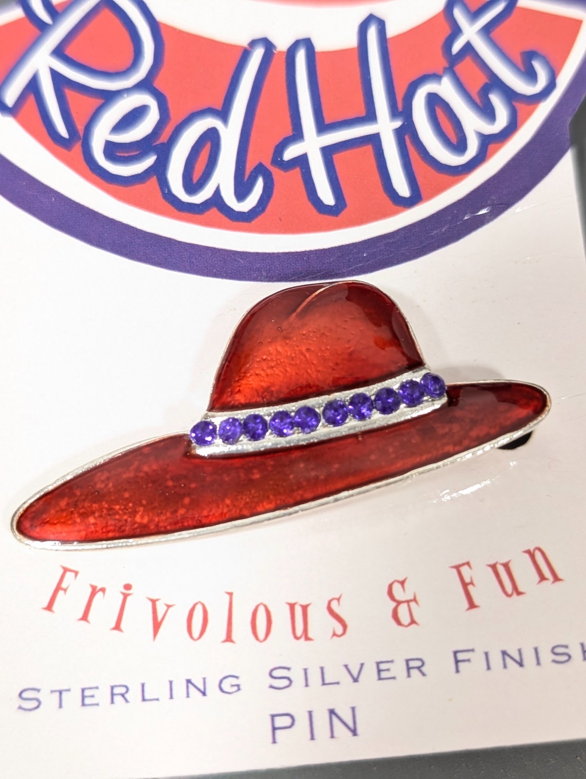 Ladies Red Enamel Hat Purple Rhinestone Brooch Pin