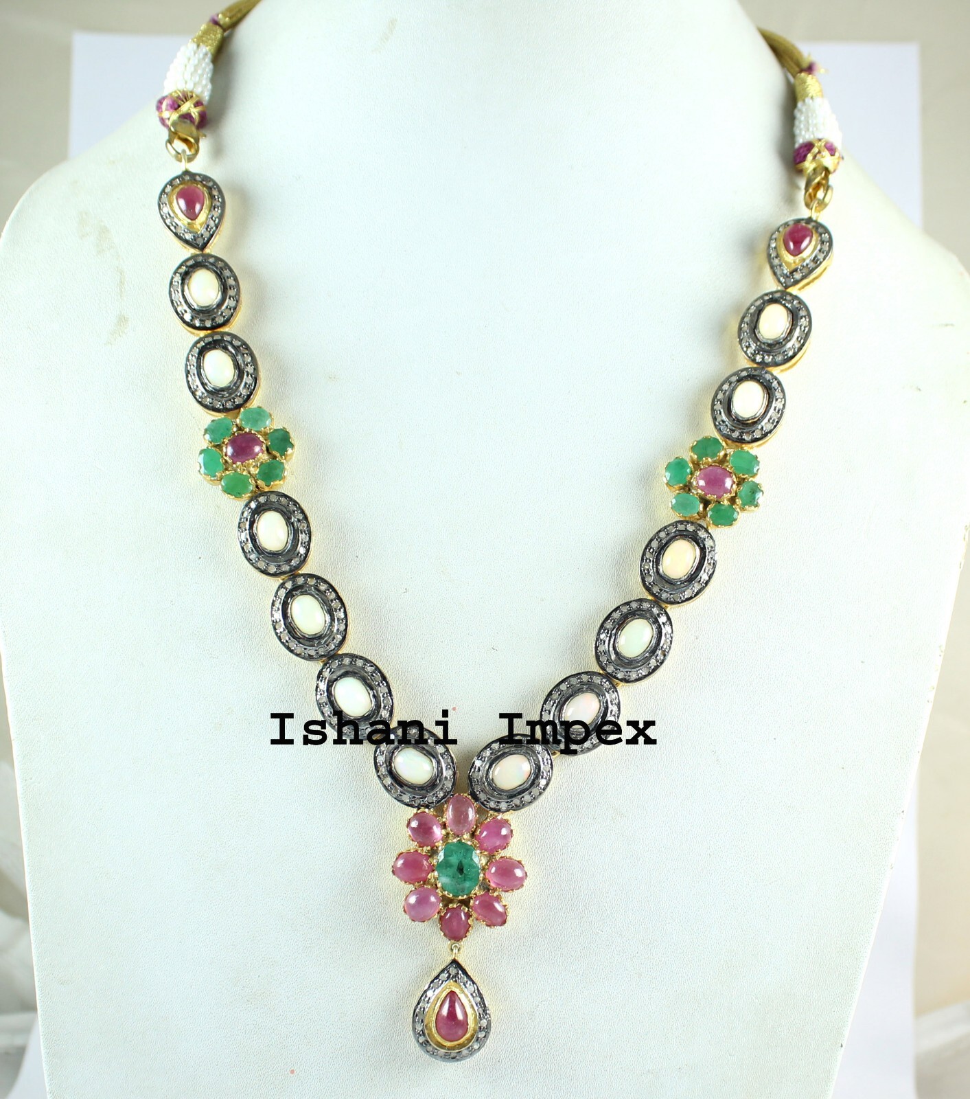 Natural RoseCut Diamond & Ruby, Emerald, Opal 925 Sterling Silver Necklace