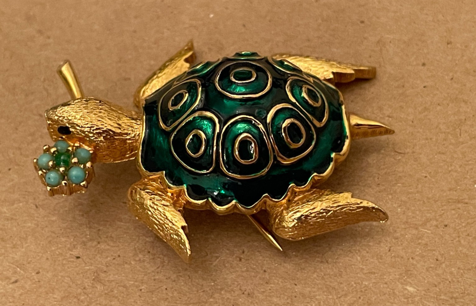 Vintage Jomaz Green Enamel Figural Turtle Brooch, Excellent Condition, signed