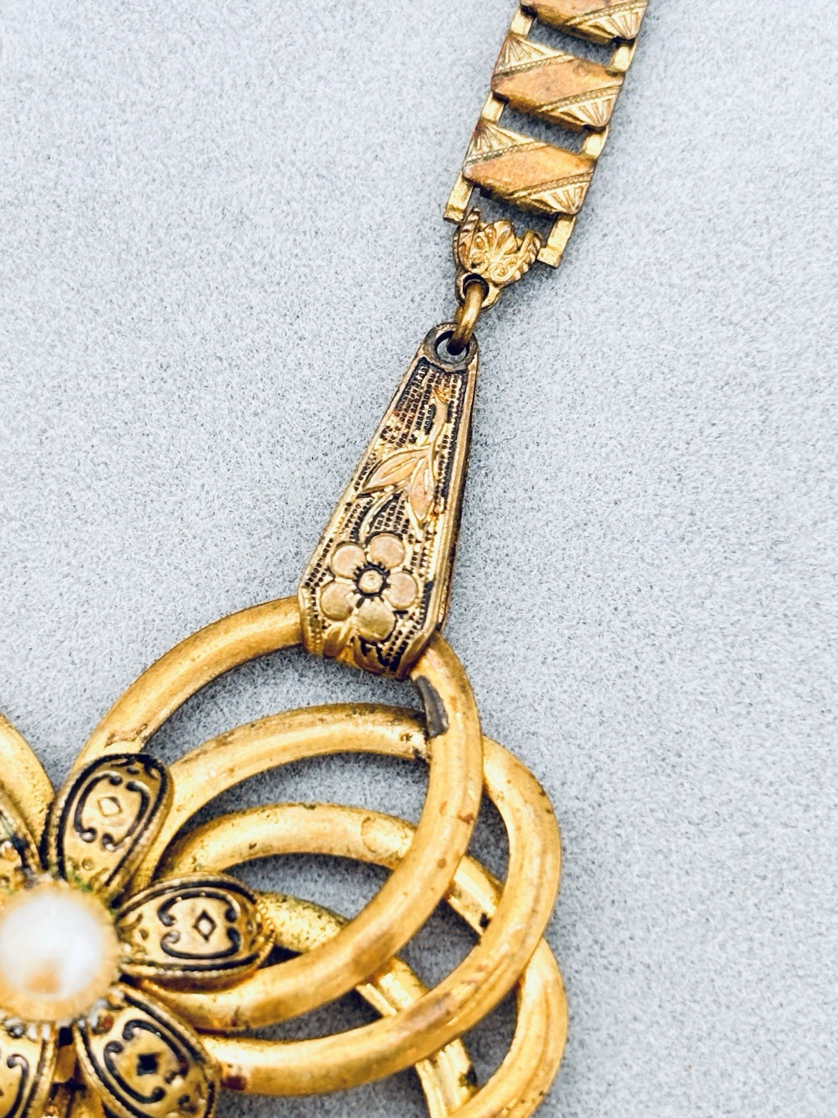 Antique Book Chain Gold Tone Necklace Floral Etched Bow Articulated Pendant