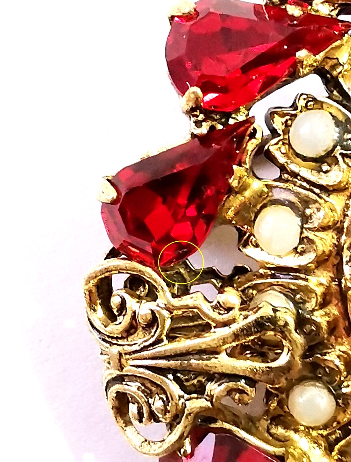 Vintage Czech Red Glass Brooch Pin Gilded Brass Faux Pearls Central Art Glass