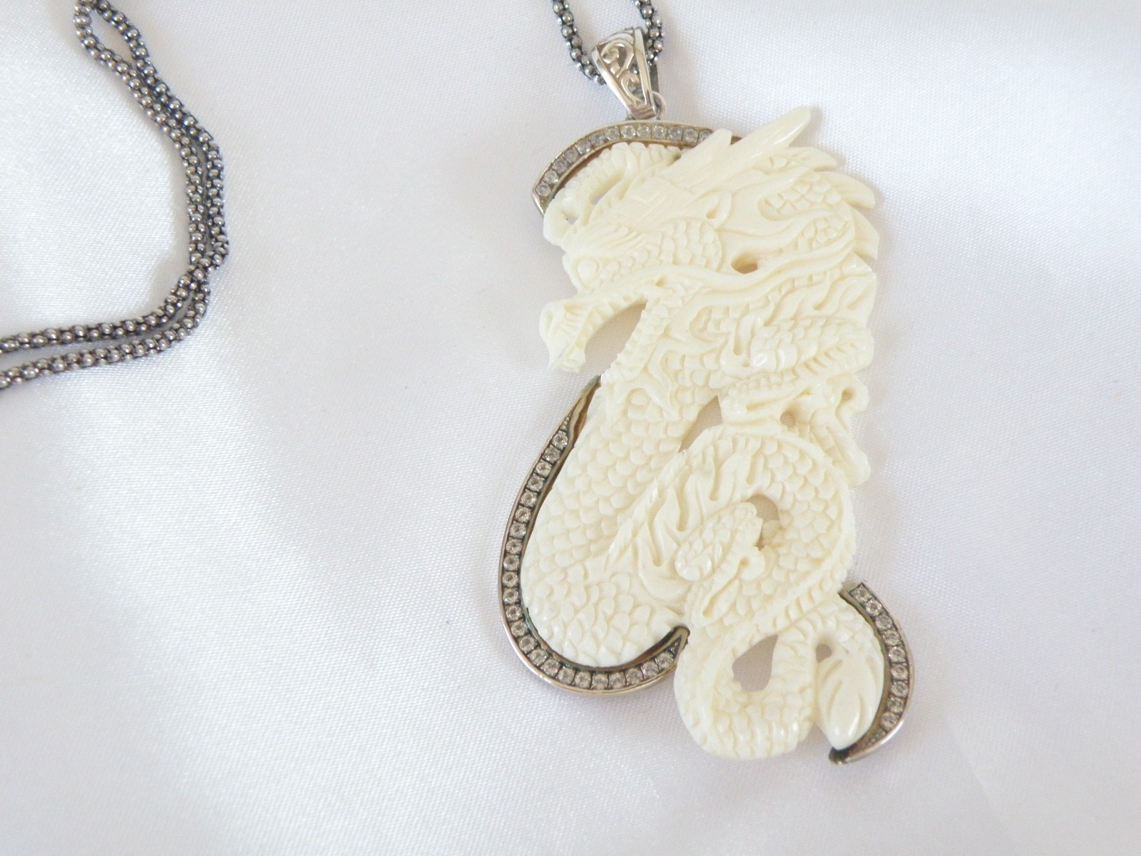 Huge Samuel B Carved CZ Dragon Statement Pendant Popcorn Mesh Necklace