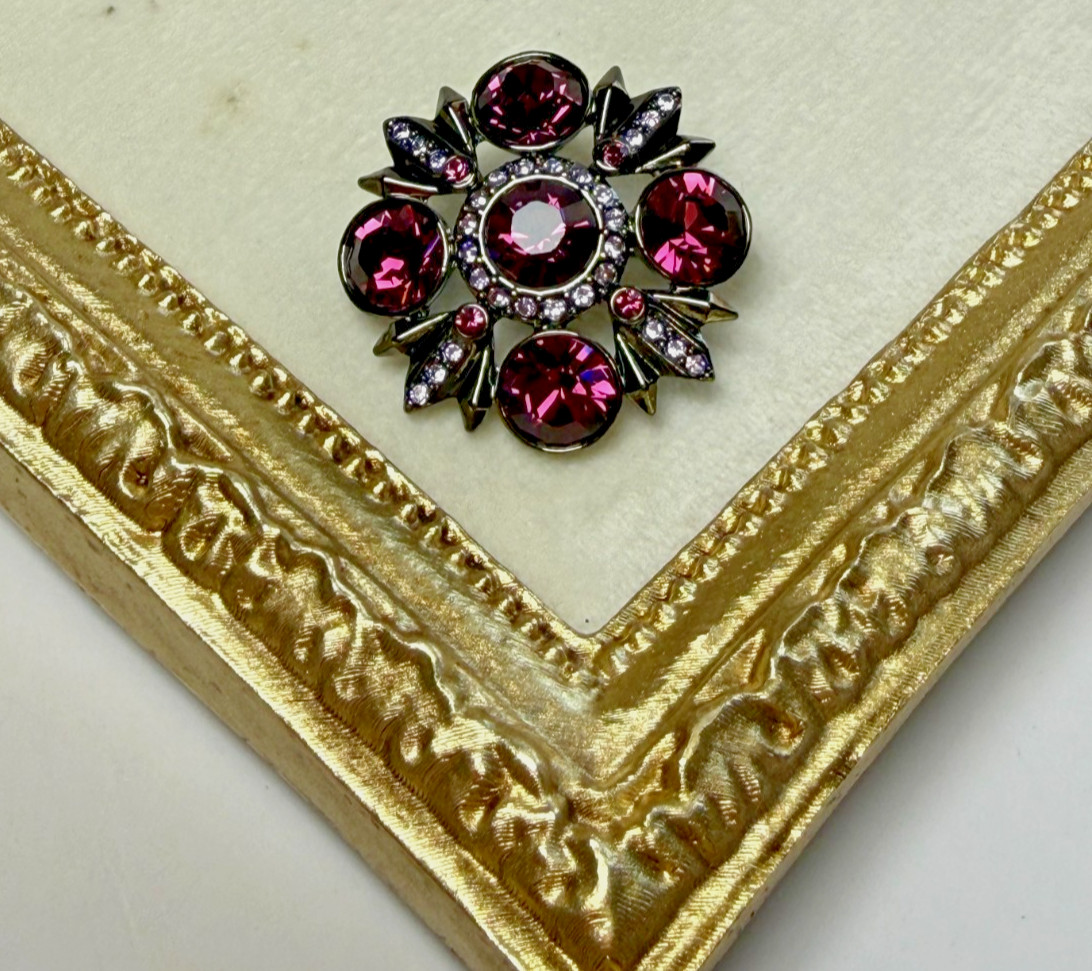 Signed Givenchy Brooch Dark Purple & Pink Rhinestone Crystals Gunmetal Starburst
