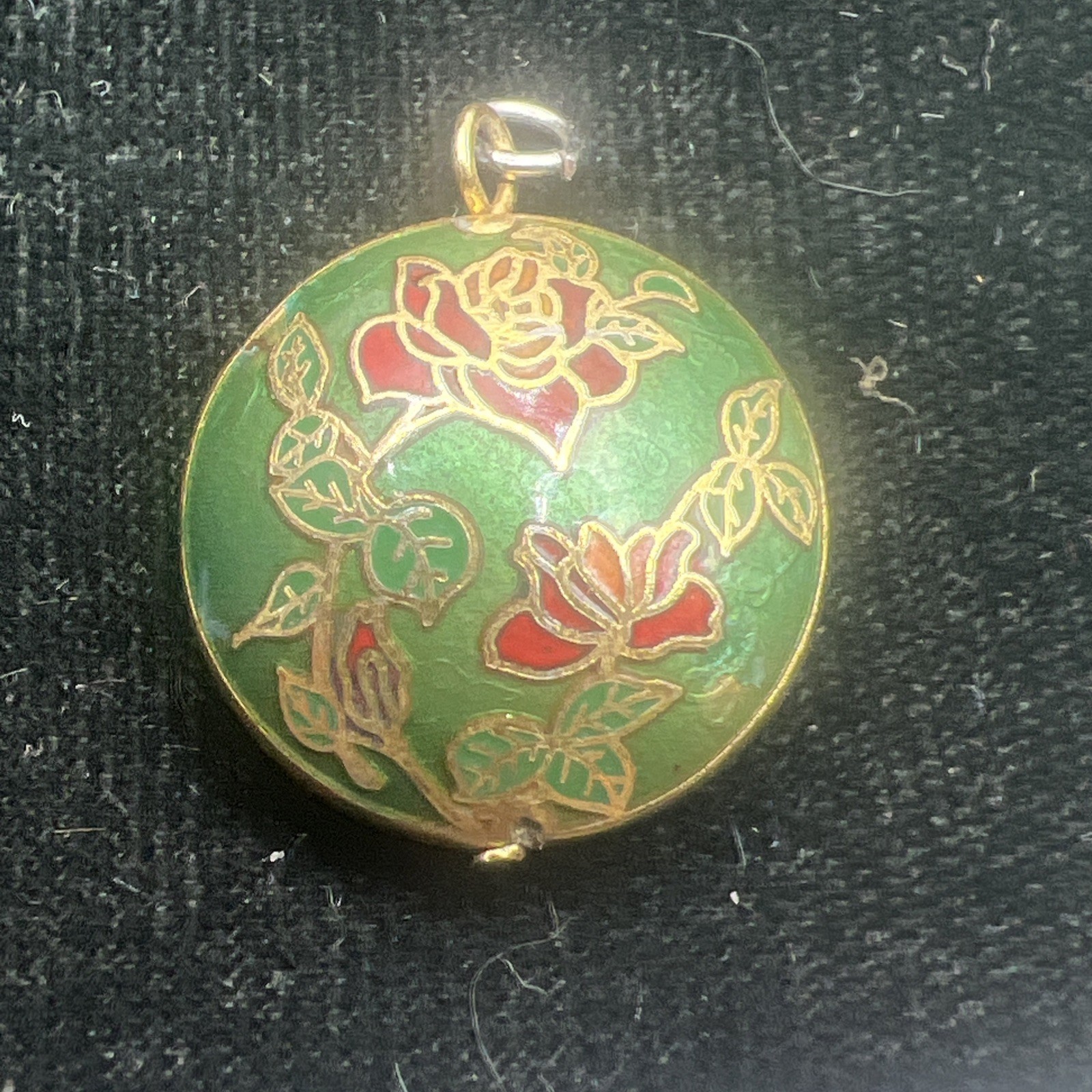 Vintage Double Sided Cloisonné Green Enamel Round Pendant Pink. and Blue Flowers