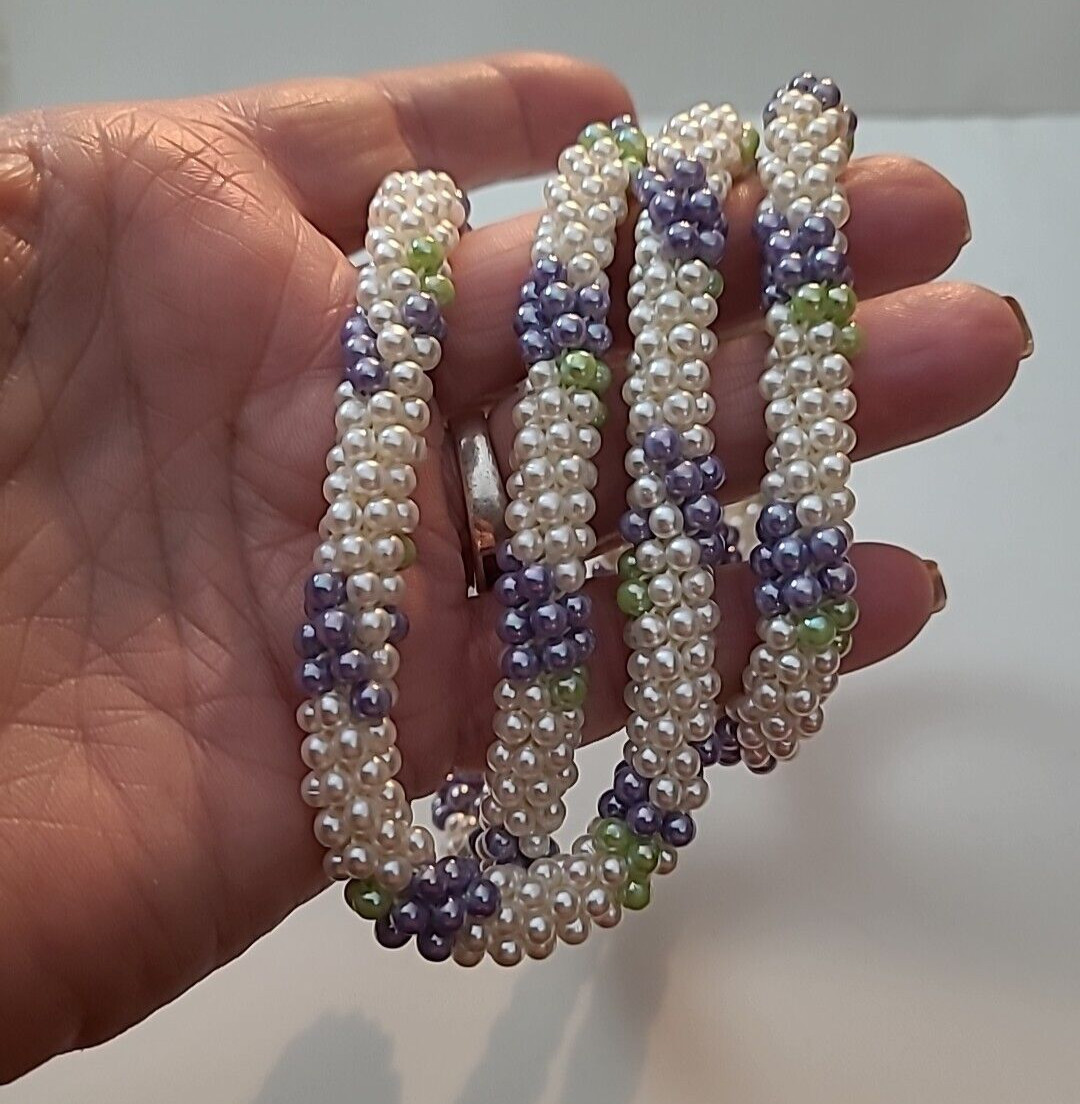 VTG Long White Purple Green Seed Beaded Rope Necklace Unsigned 1960’s 1970’s