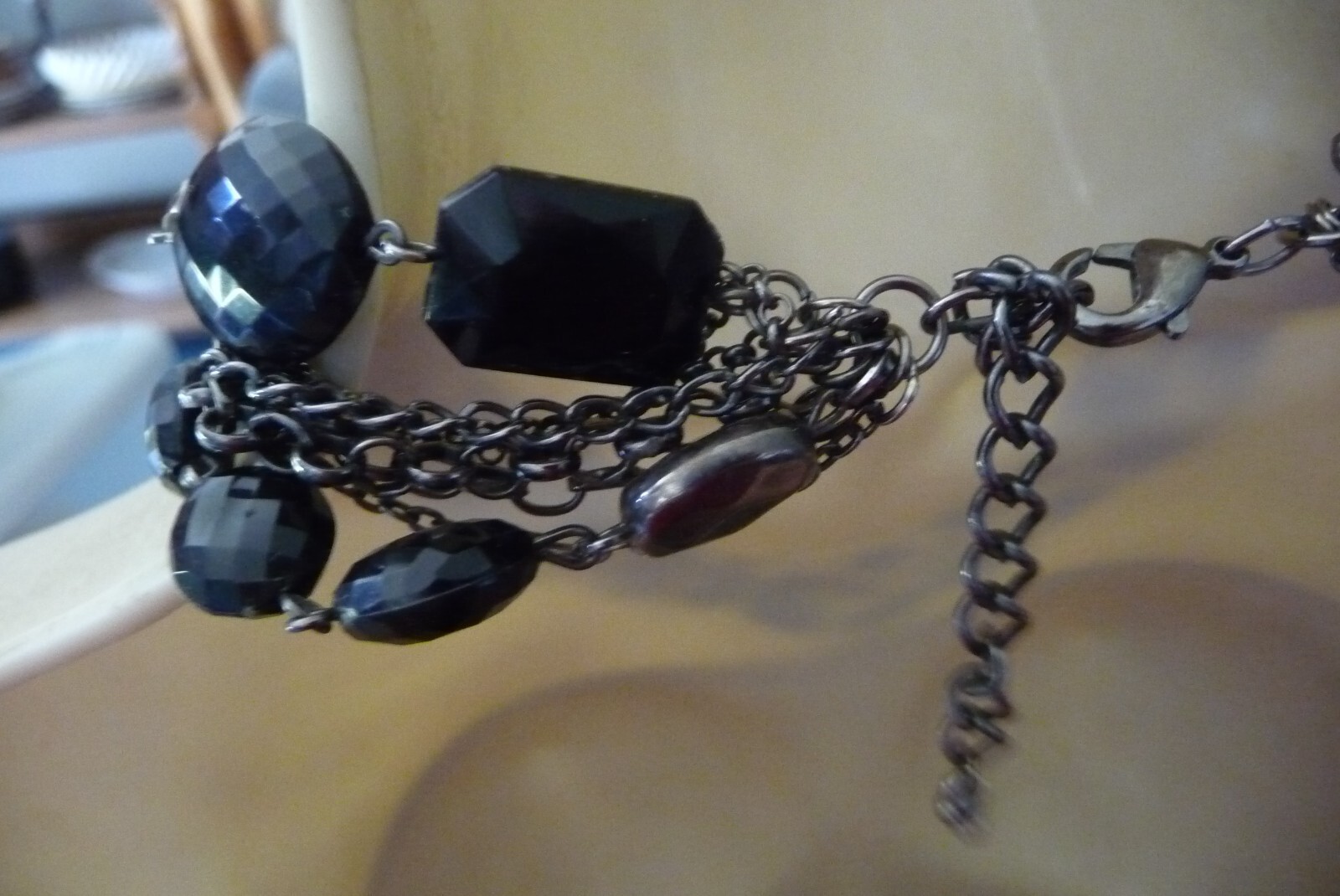 MULTI SILVER TONE CHAINS w Lrg BLACK & GUNMETAL GRAY STONES NECKLACE #811A