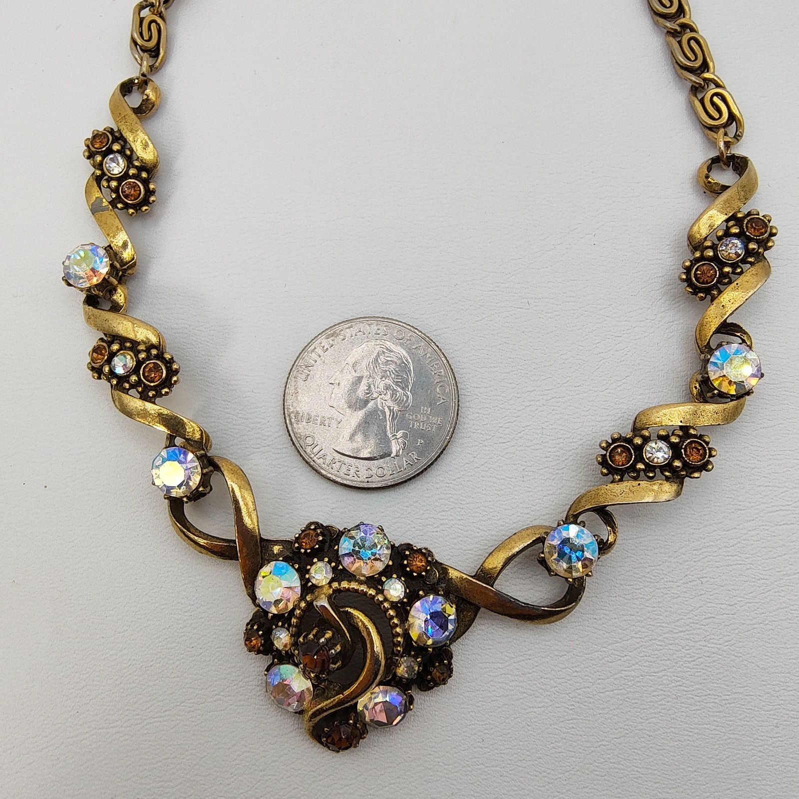 Vintage Florenza Victorian Style Choker Necklace Gold Tone AB Rhinestone Signed