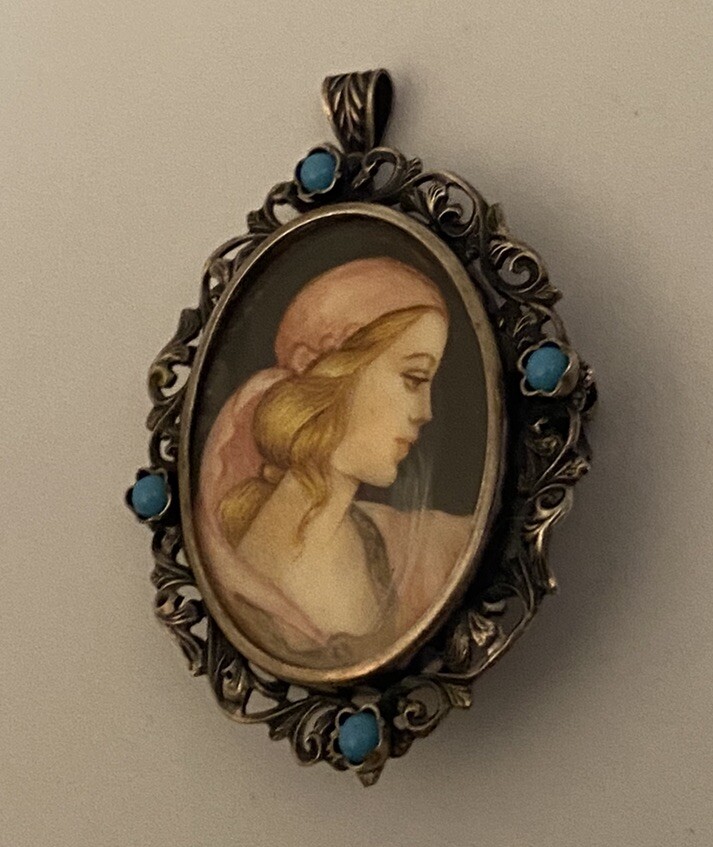 Vintage 800 Silver Filigree Blue Glass Hand Painted Portrait Brooch or Pendant