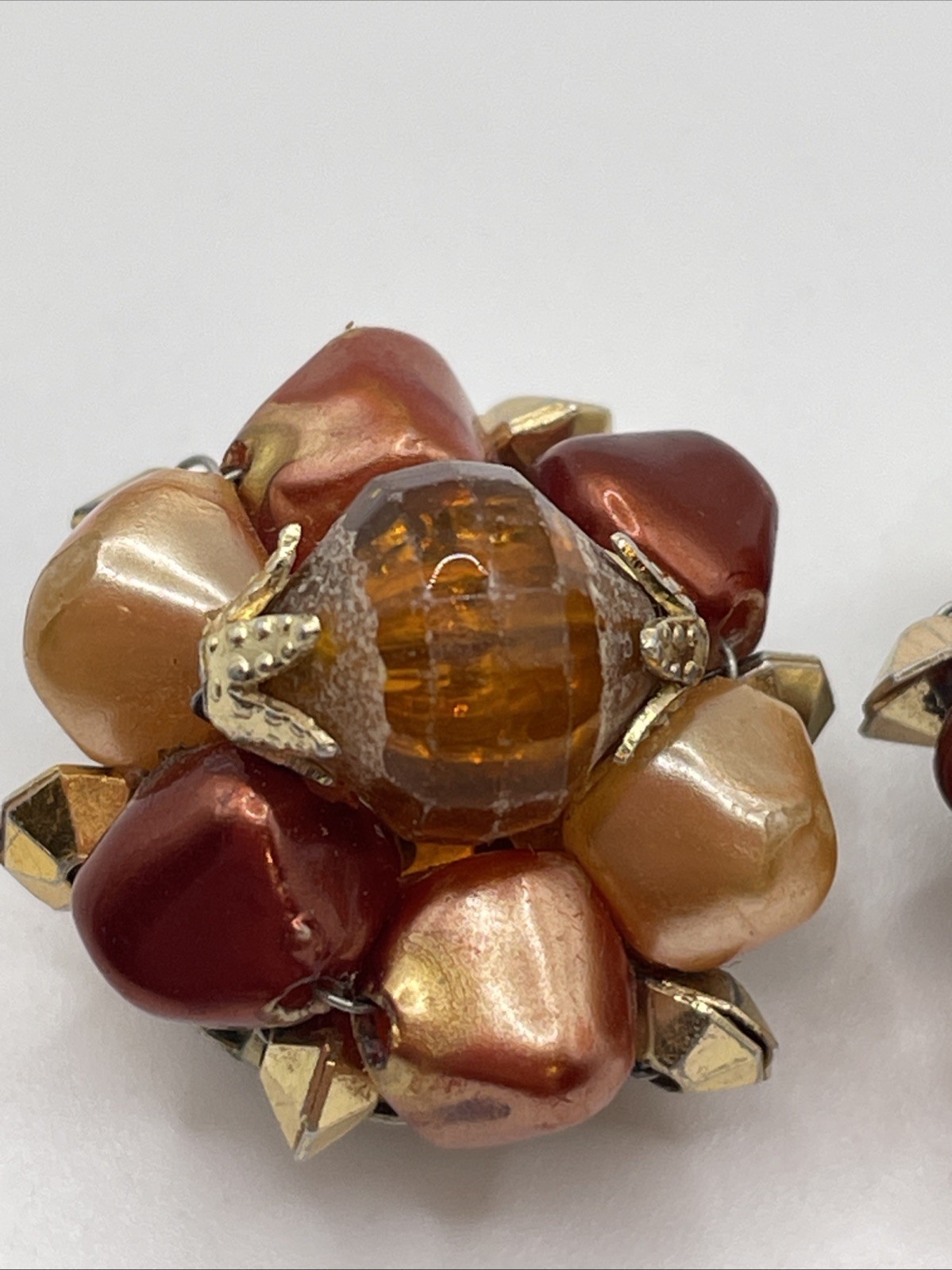 Earrings Vintage MCM Cluster Fall Colors Hong Kong Gold Tone Clip On Jewelry