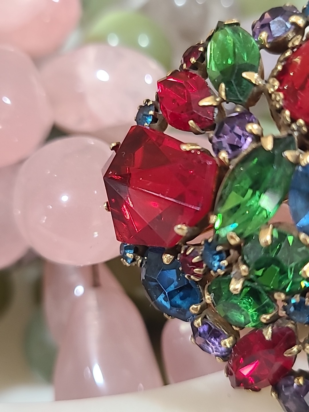 Vintage WEISS Green Red Multi Rhinestones Gold Tone Brooch Signed Estate Costume