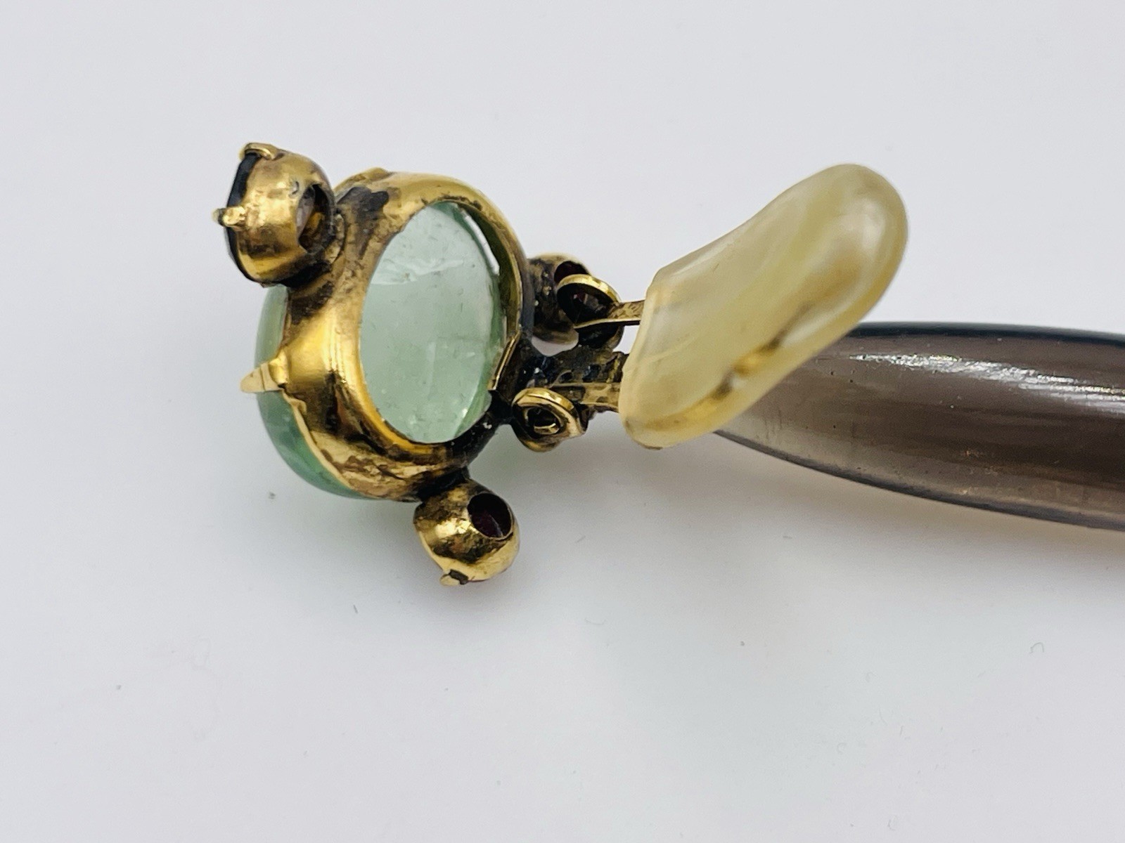 Iradj Moini Vintage Gold Plated Green Beryl Smoky Quartz Ruby Dangle Earrings