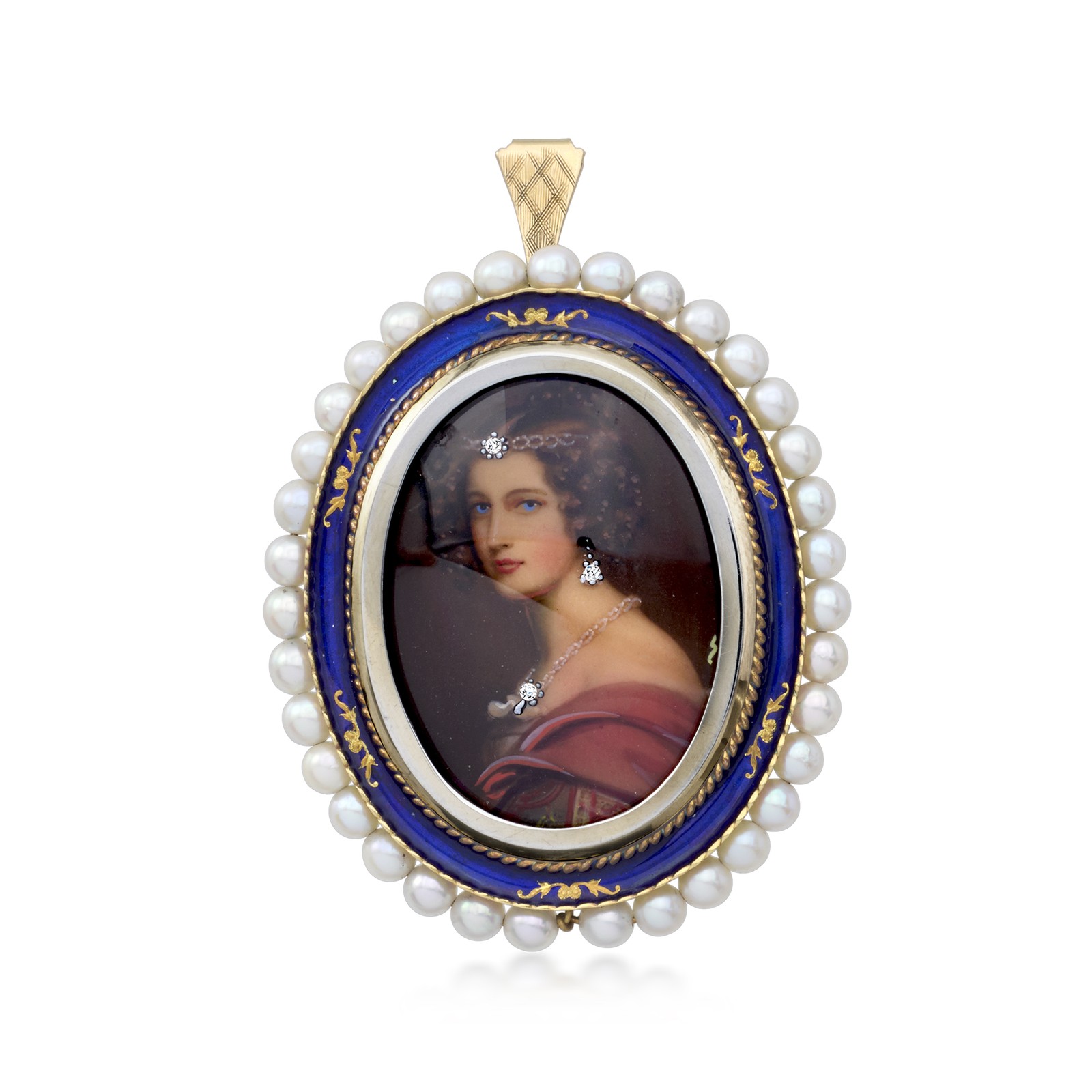 Vint Left-Facing Painted Portrait Pin/Pendant w Diamonds & 3.3mm Cult Pearls in