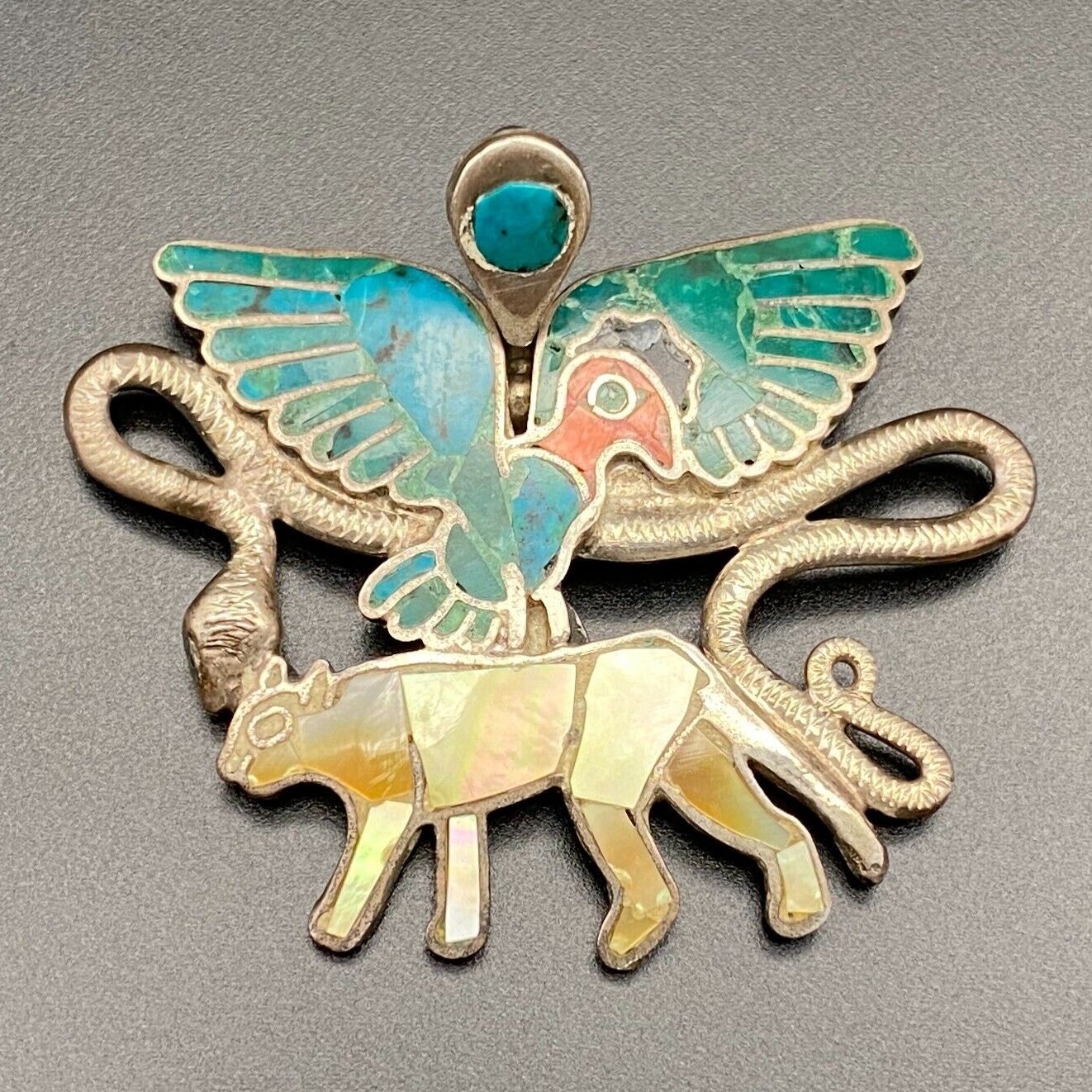 Vintage Eagle Snake Jaguar Turquoise MOP Inlay 950 Sterling Silver Pendant