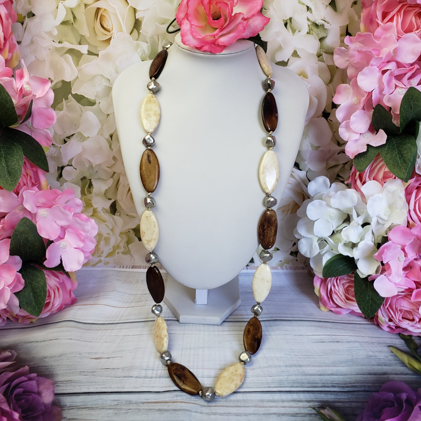 Artisan White & Brown Beaded Long Silver Tone Necklace