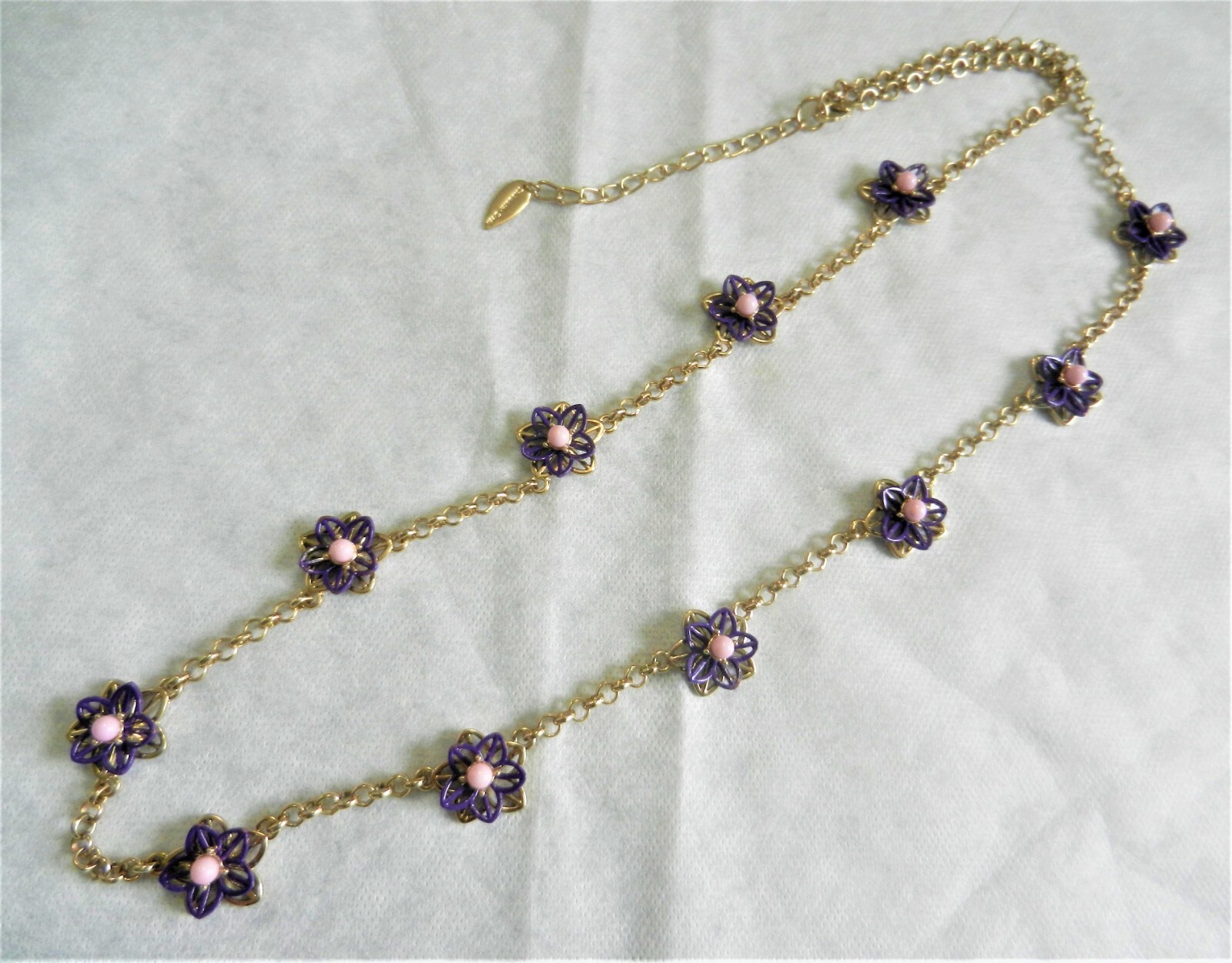 Coldwater Creek Purple Filigree Flower Station Necklace Gold Tone