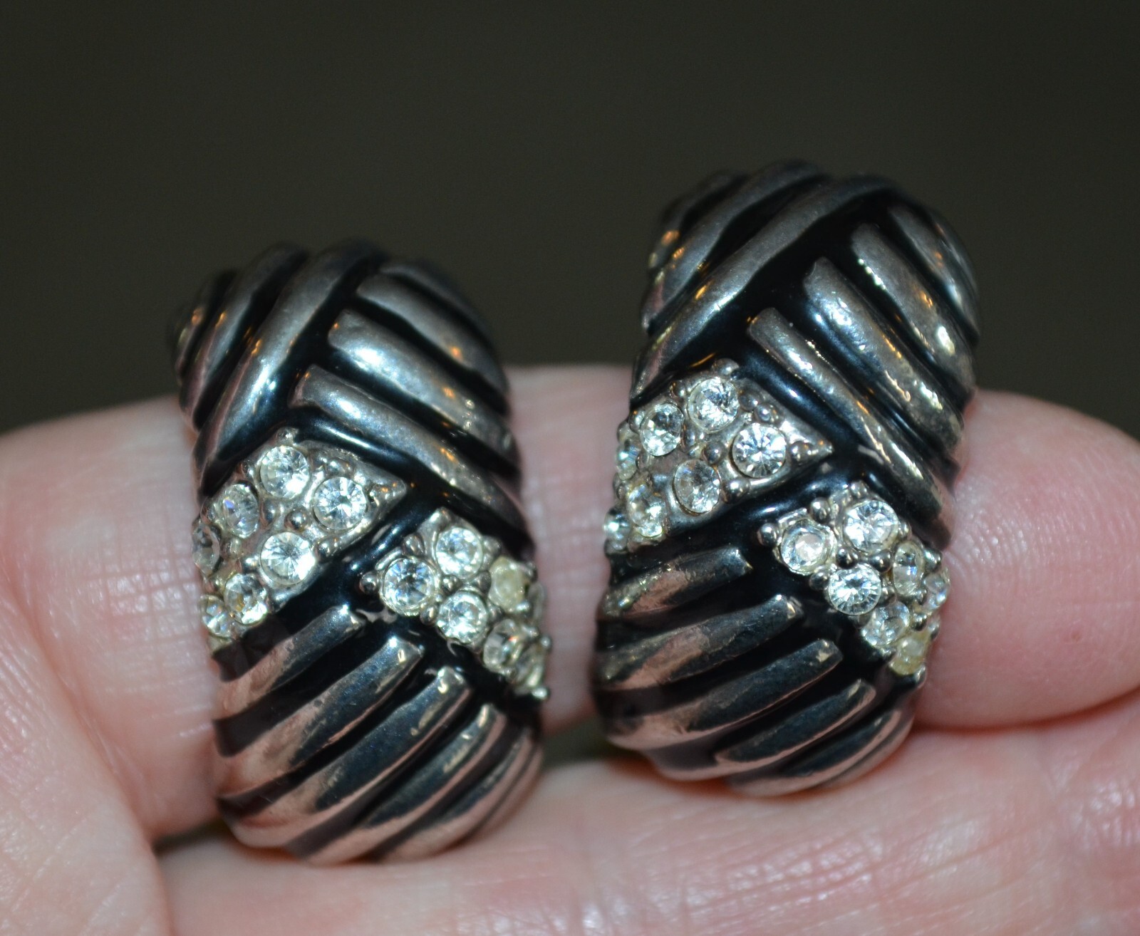 Vintage Silver Tone & Black Clip On Earrings with Clear Rhinestones 1.25″