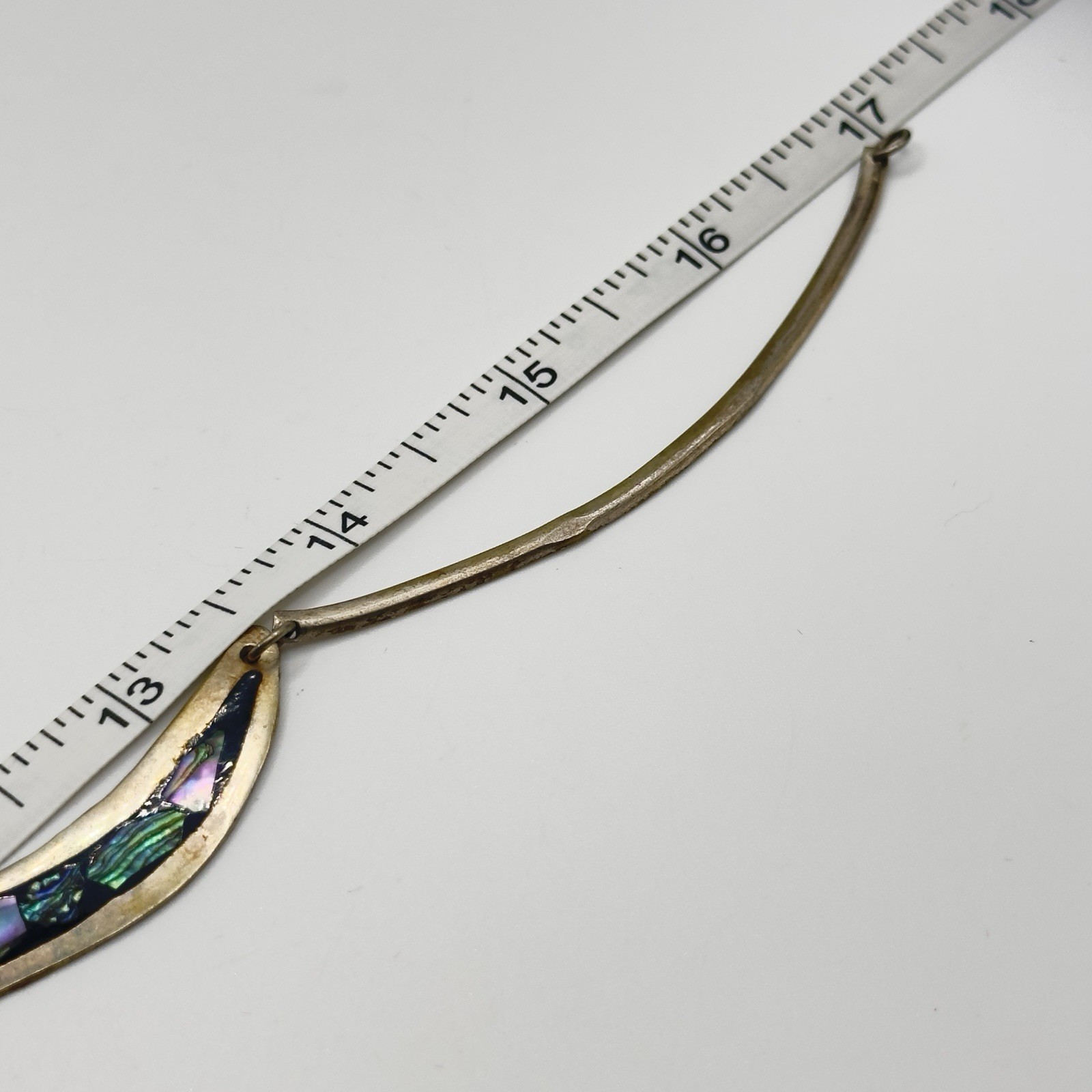 Vintage Mexican Alpaca Abalone Inlay Necklace 17″ Panel Link Drop Pendant