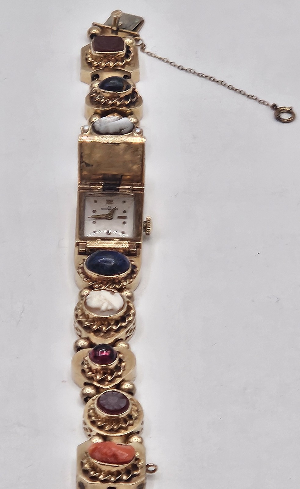 Stunning 14k Yellow Gold Slide Charm Omega Gemstone Bracelet Watch