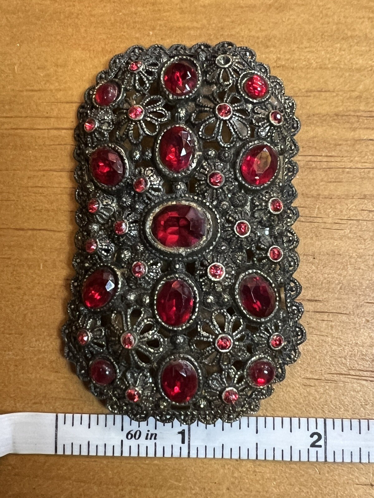 Vintage Signed NE New England Glass Works Rectangular Brooch Red Stone Floral