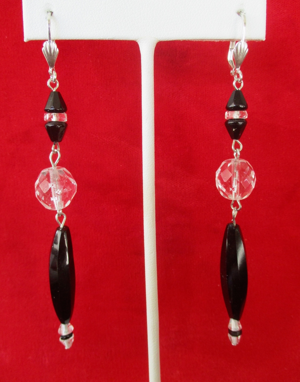 Pair of Vintage 3 1/2-Inch French Jet & Clear Czechoslovakian Crystal Earrings