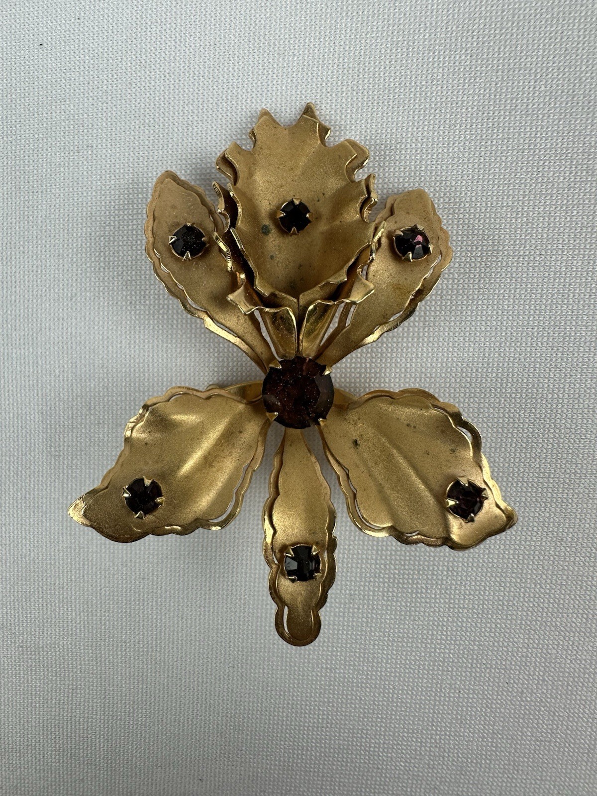 Goldtone Vintage Orchid Pin Purple Rhinestones