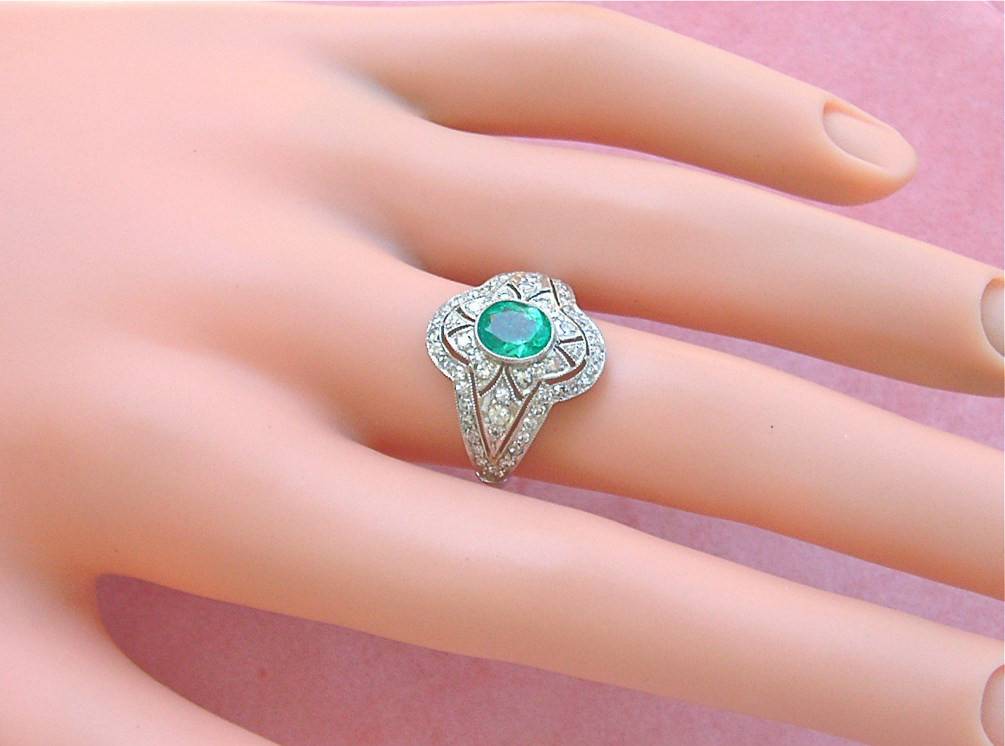 ART DECO .80 ct OVAL EMERALD 1.20 ctw DIAMOND PLATINUM RIGHT-HAND COCKTAIL RING