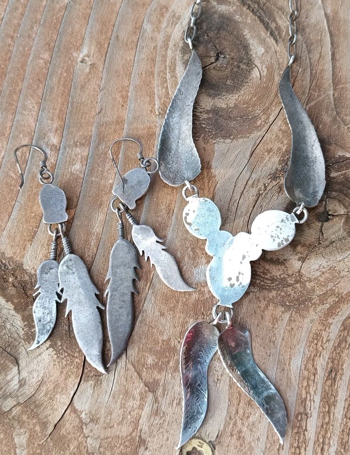 VINTAGE NAVAJO TURQUOISE STERLING SILVER FEATHER NECKLACE & EARRINGS 23.5 Gram