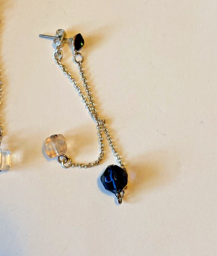 VTG NAVY BLUE & CLEAR CRYSTAL ACRYLIC DOUBLE LAYER CHAIN DANGLE EARRINGS PIERCED