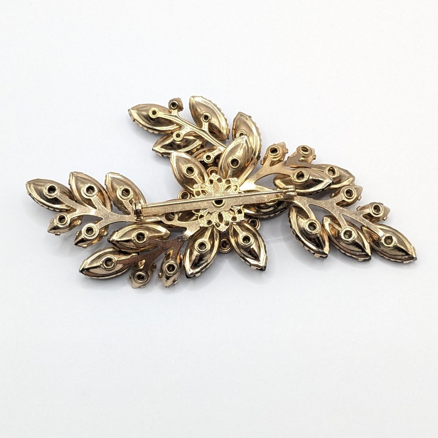 Vintage Large Amber and Yellow AB Glass Rhinestone Gold Tone Flower Brooch 4in